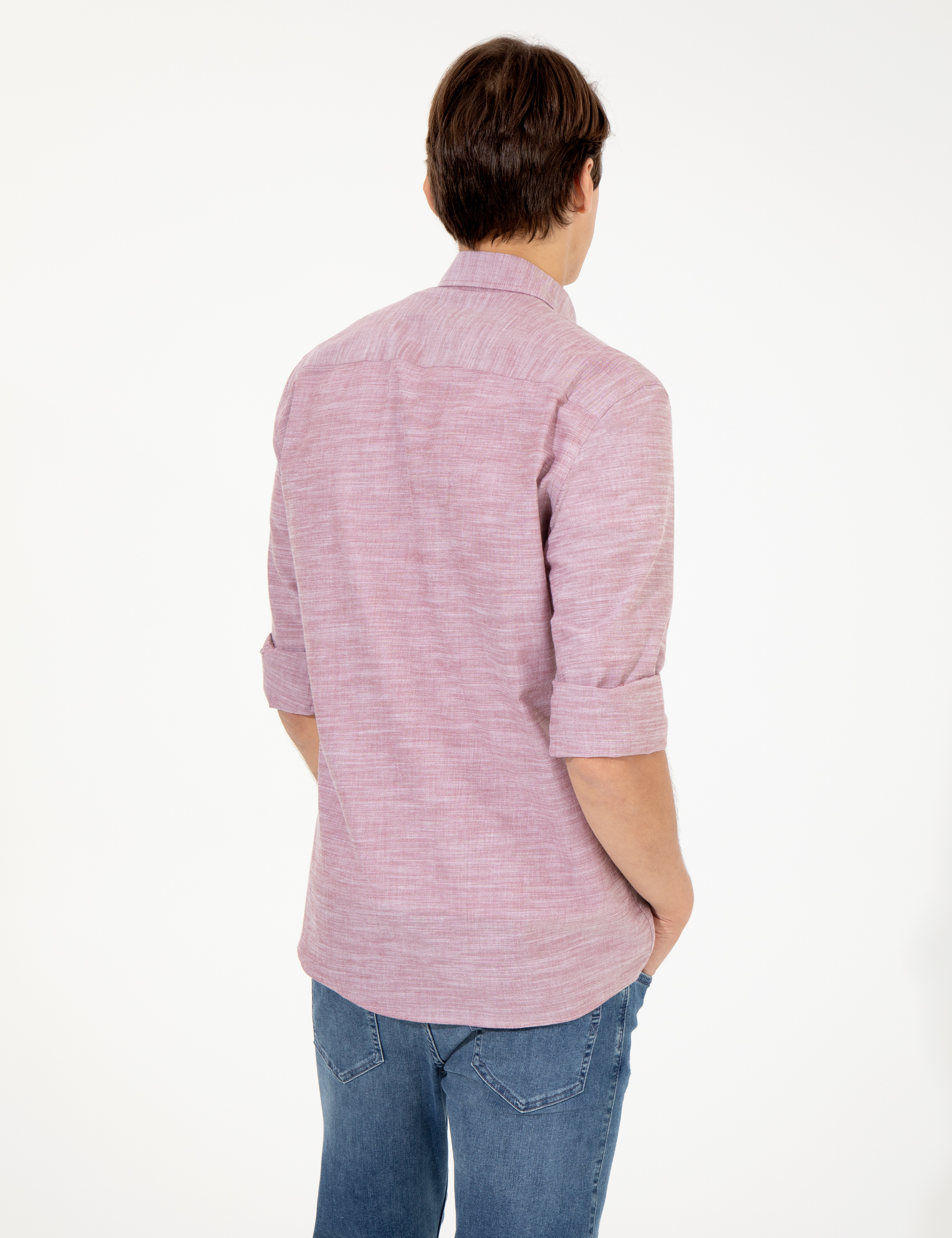 Bordo Slim Fit Keten Görünümlü Gömlek - Image 5