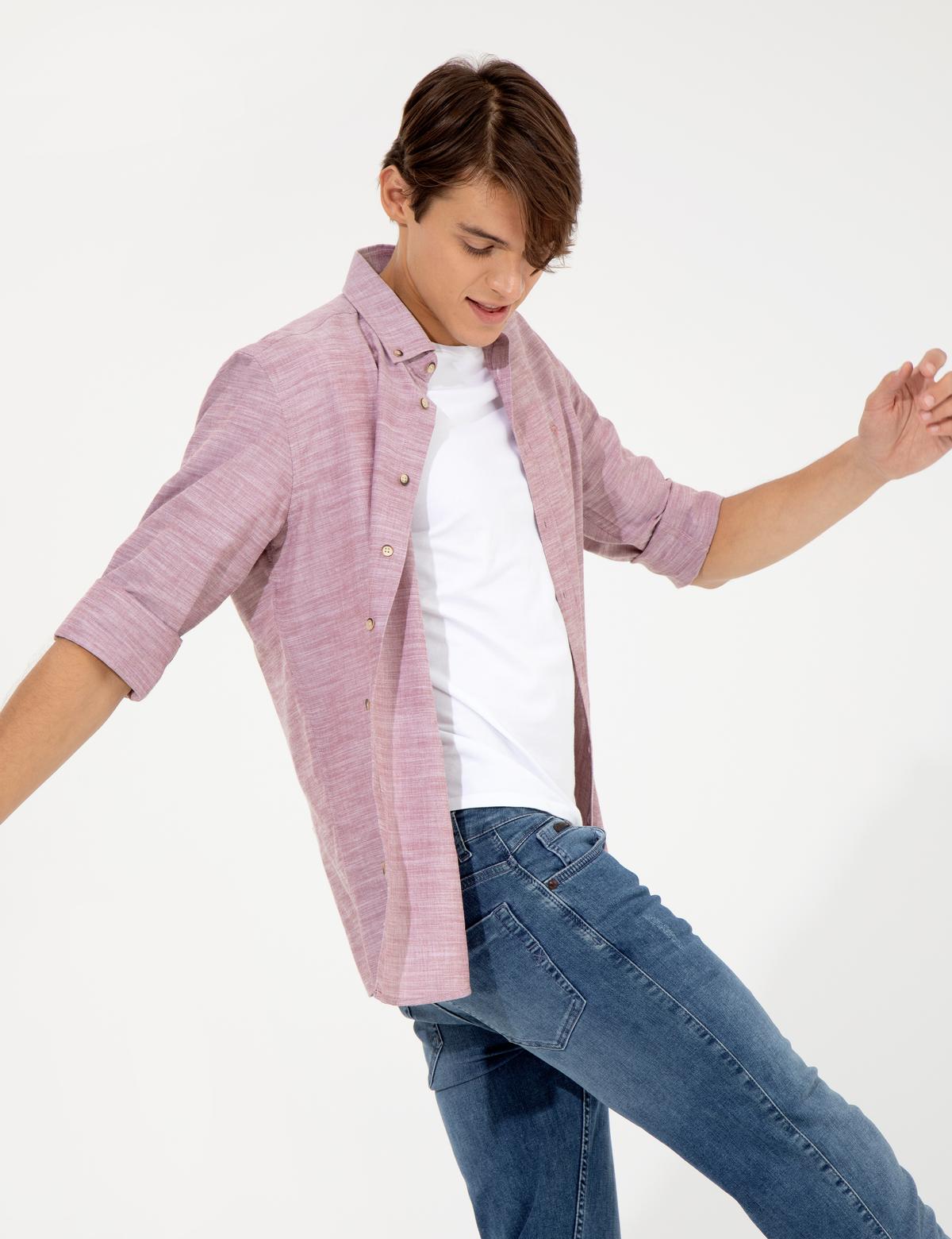 Bordo Slim Fit Keten Görünümlü Gömlek