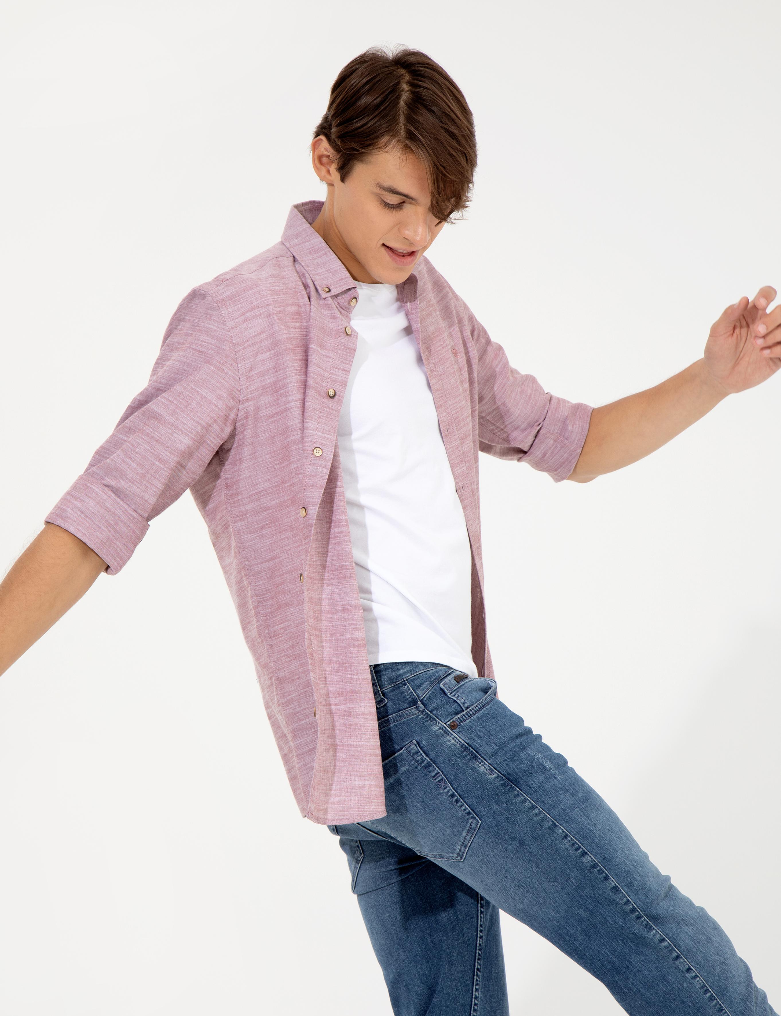 Bordo Slim Fit Keten Görünümlü Gömlek