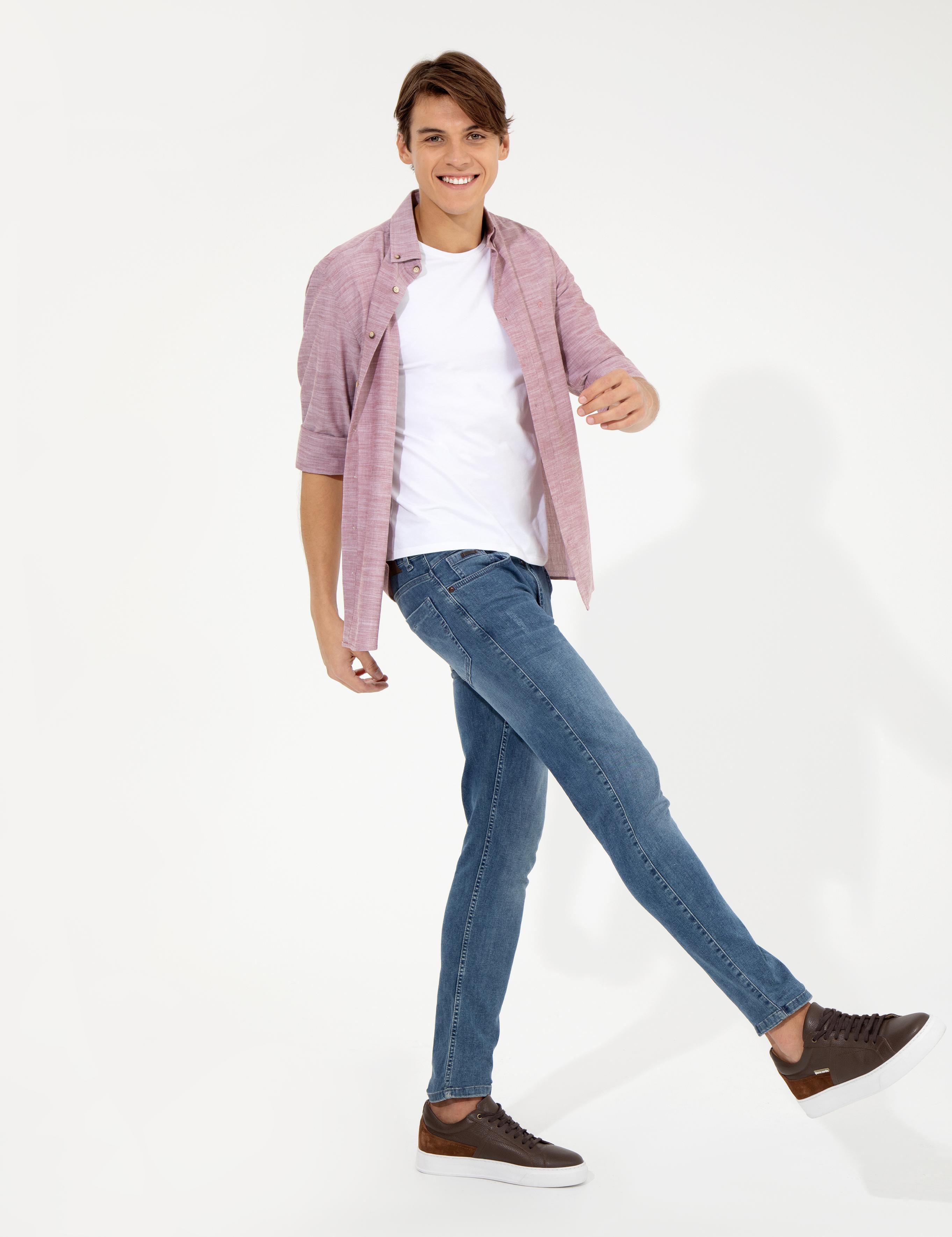 Bordo Slim Fit Keten Görünümlü Gömlek