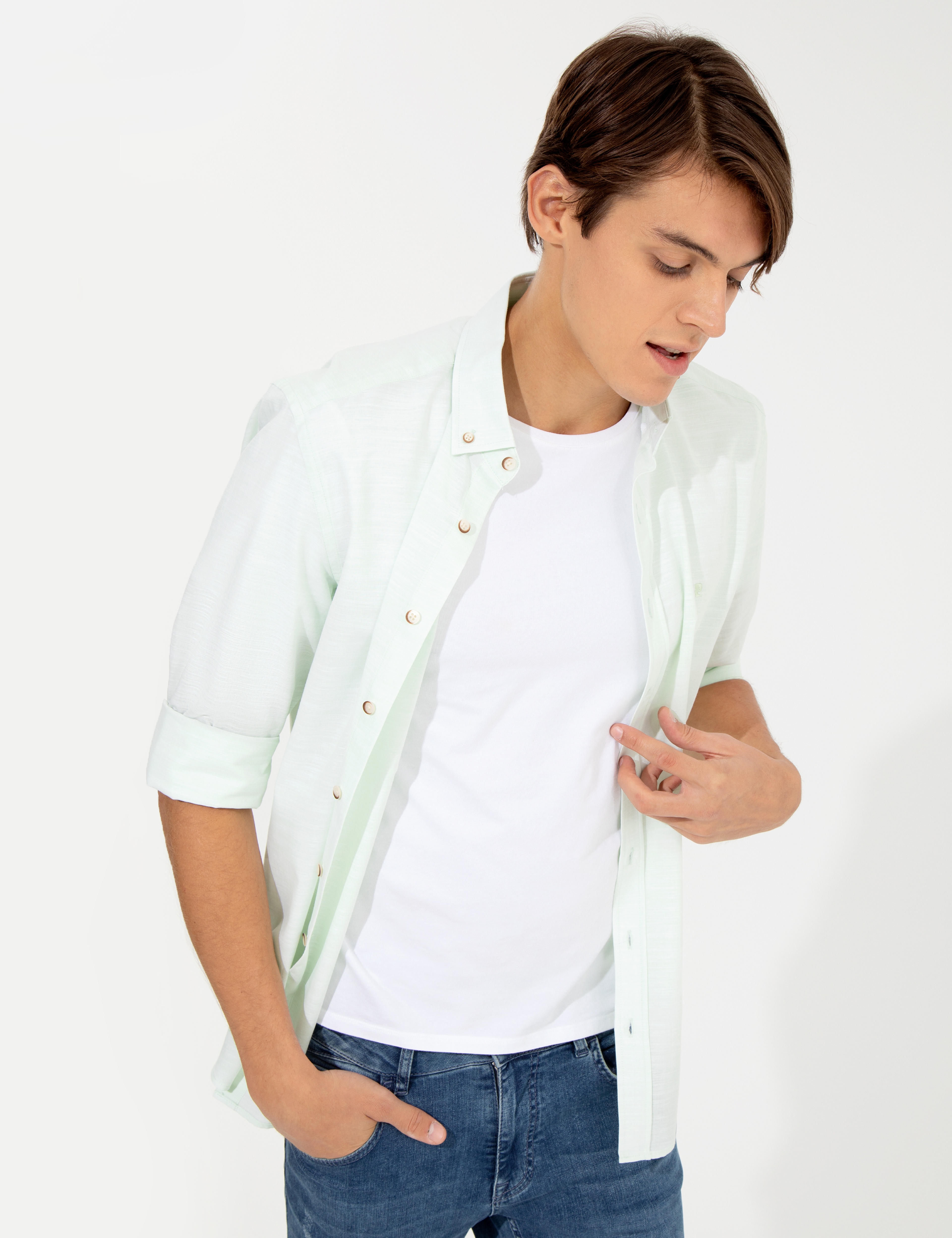 Yeşil Slim Fit Keten Görünümlü Gömlek - Image 1