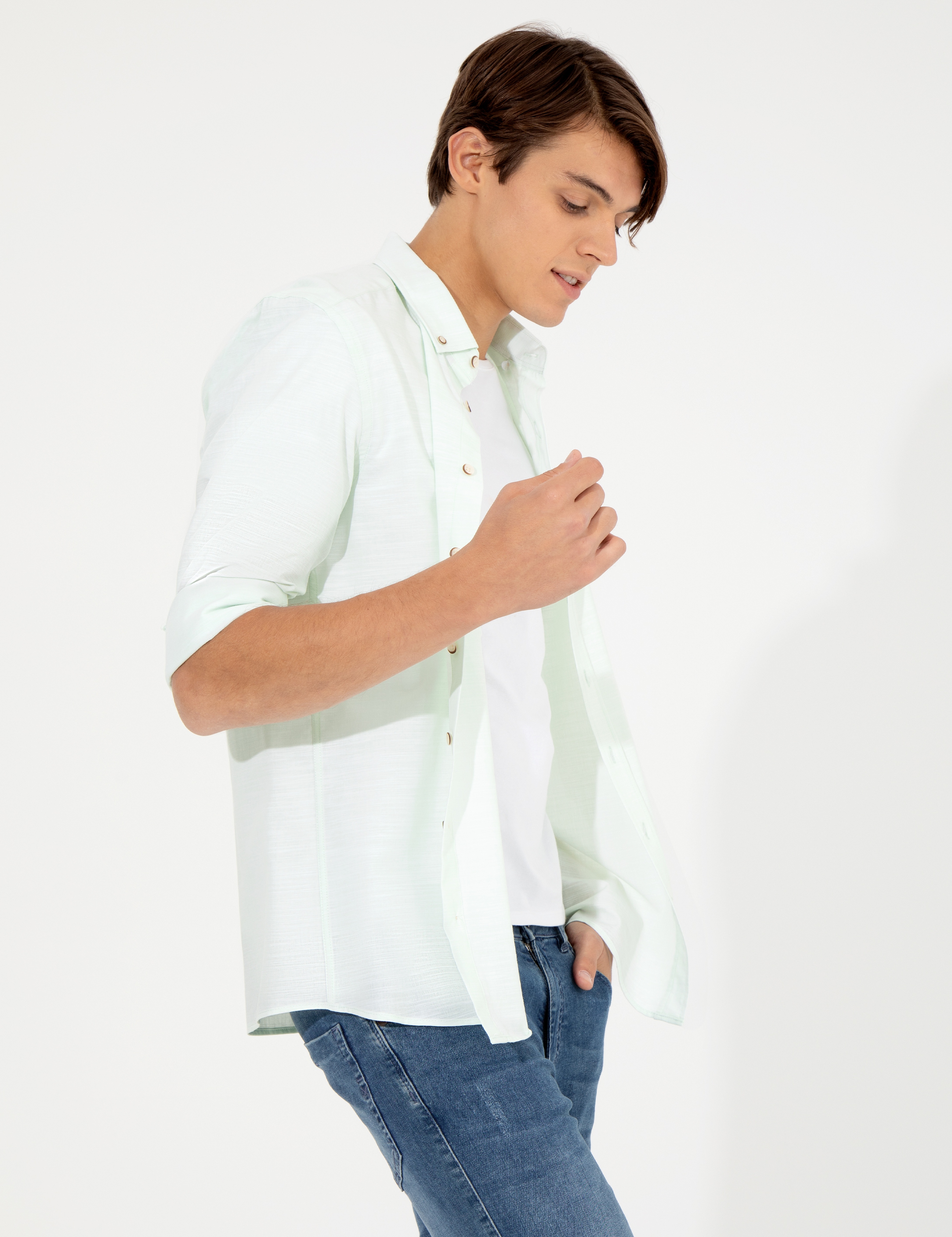 Yeşil Slim Fit Keten Görünümlü Gömlek - Image 3