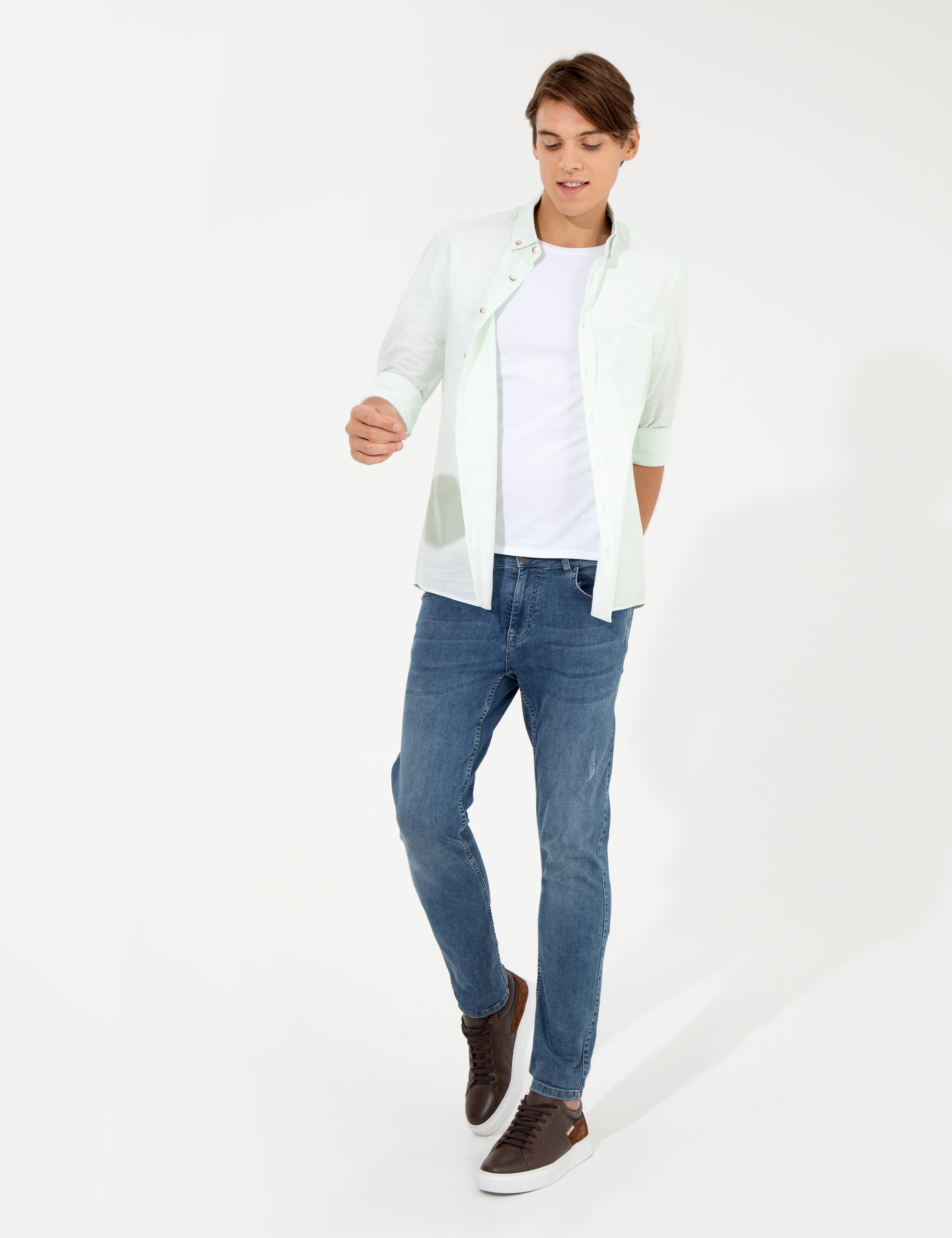 Yeşil Slim Fit Keten Görünümlü Gömlek - Image 4