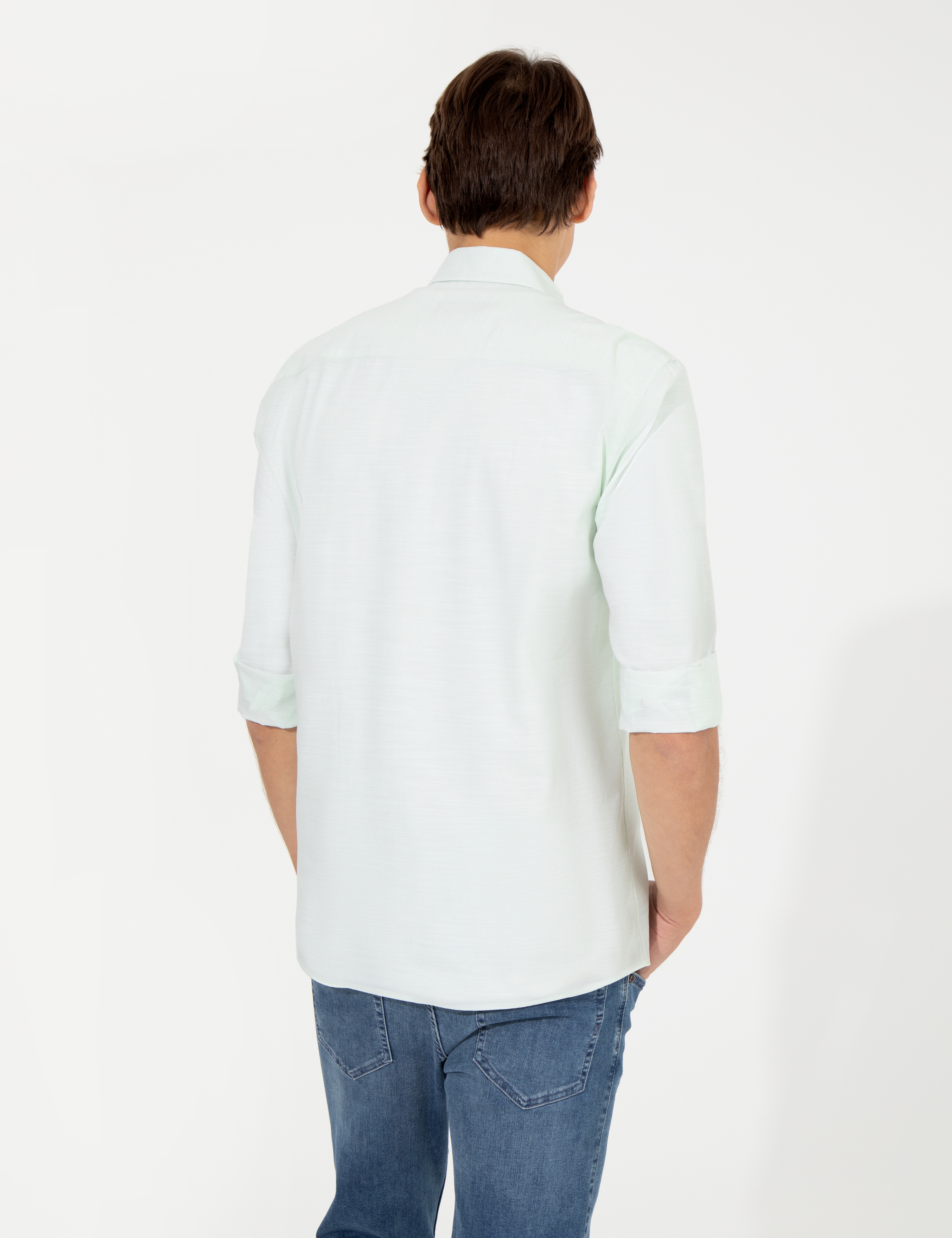 Yeşil Slim Fit Keten Görünümlü Gömlek - Image 5
