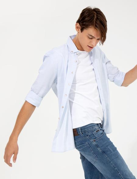 Açık Mavi Slim Fit Keten Görünümlü Gömlek - 50252491001