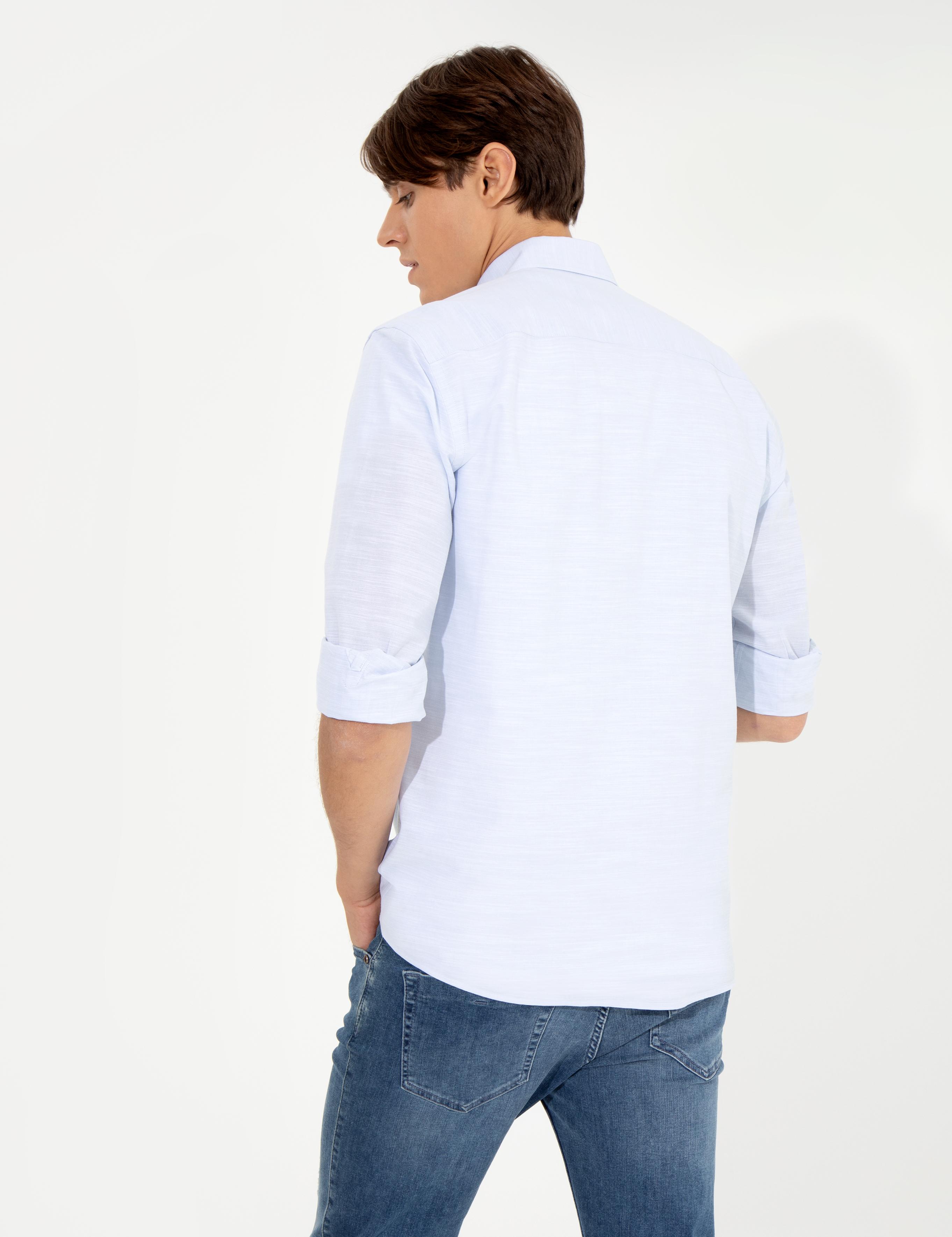 Açık Mavi Slim Fit Keten Görünümlü Gömlek