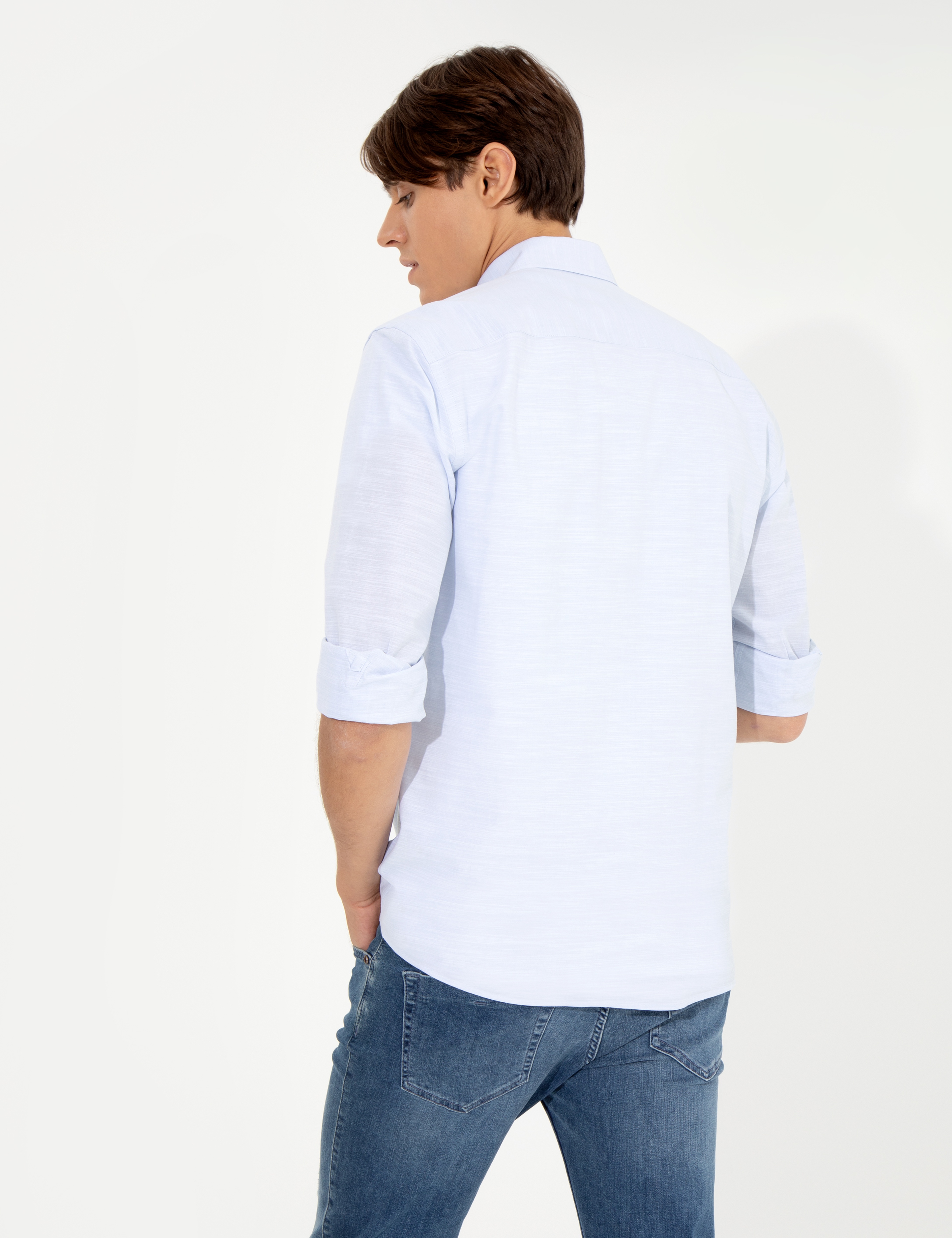 Açık Mavi Slim Fit Keten Görünümlü Gömlek - Image 5