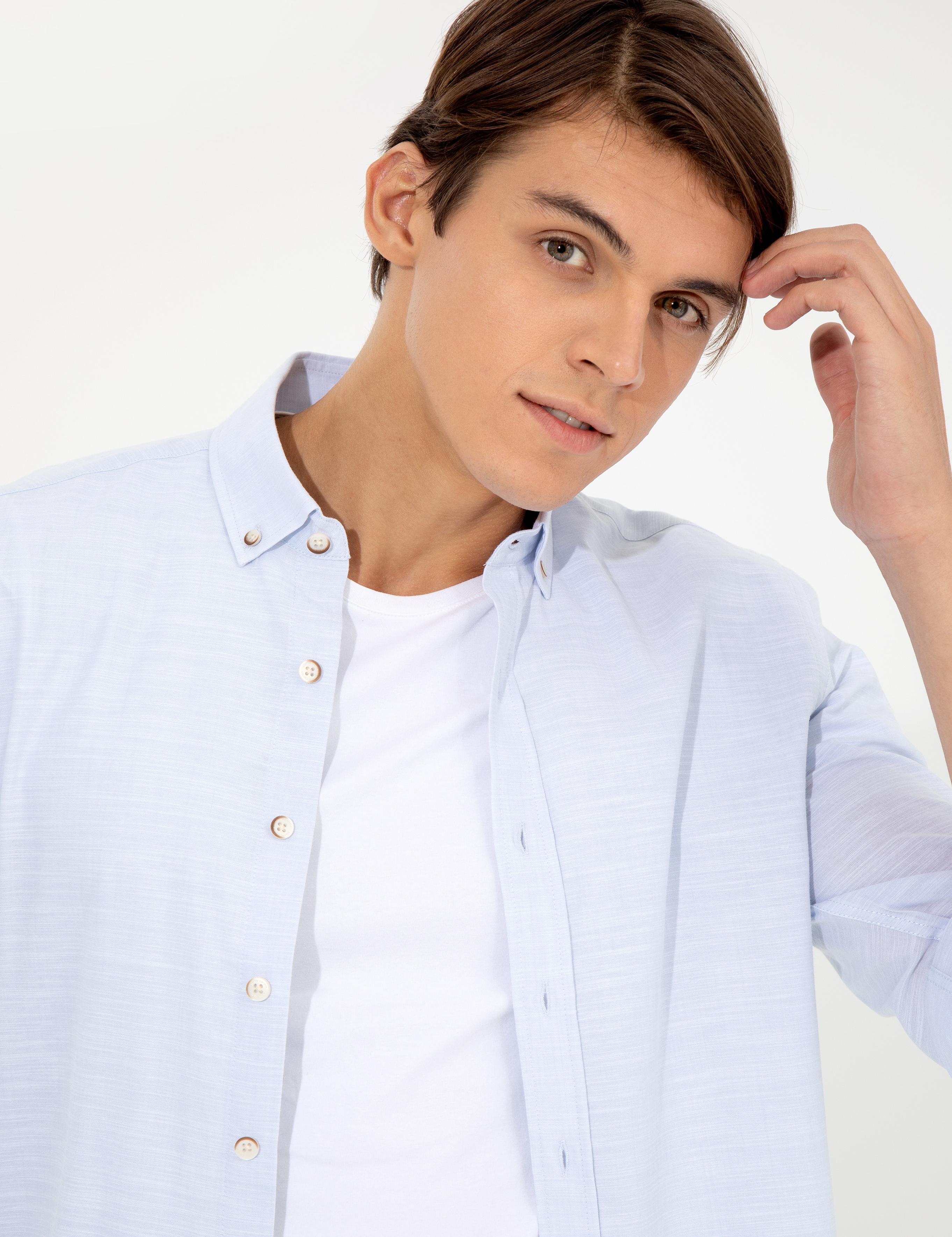 Açık Mavi Slim Fit Keten Görünümlü Gömlek