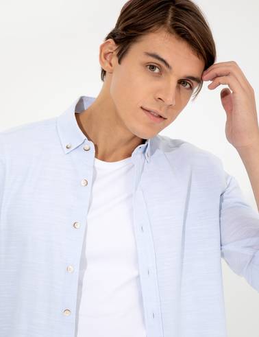 Açık Mavi Slim Fit Keten Görünümlü Gömlek