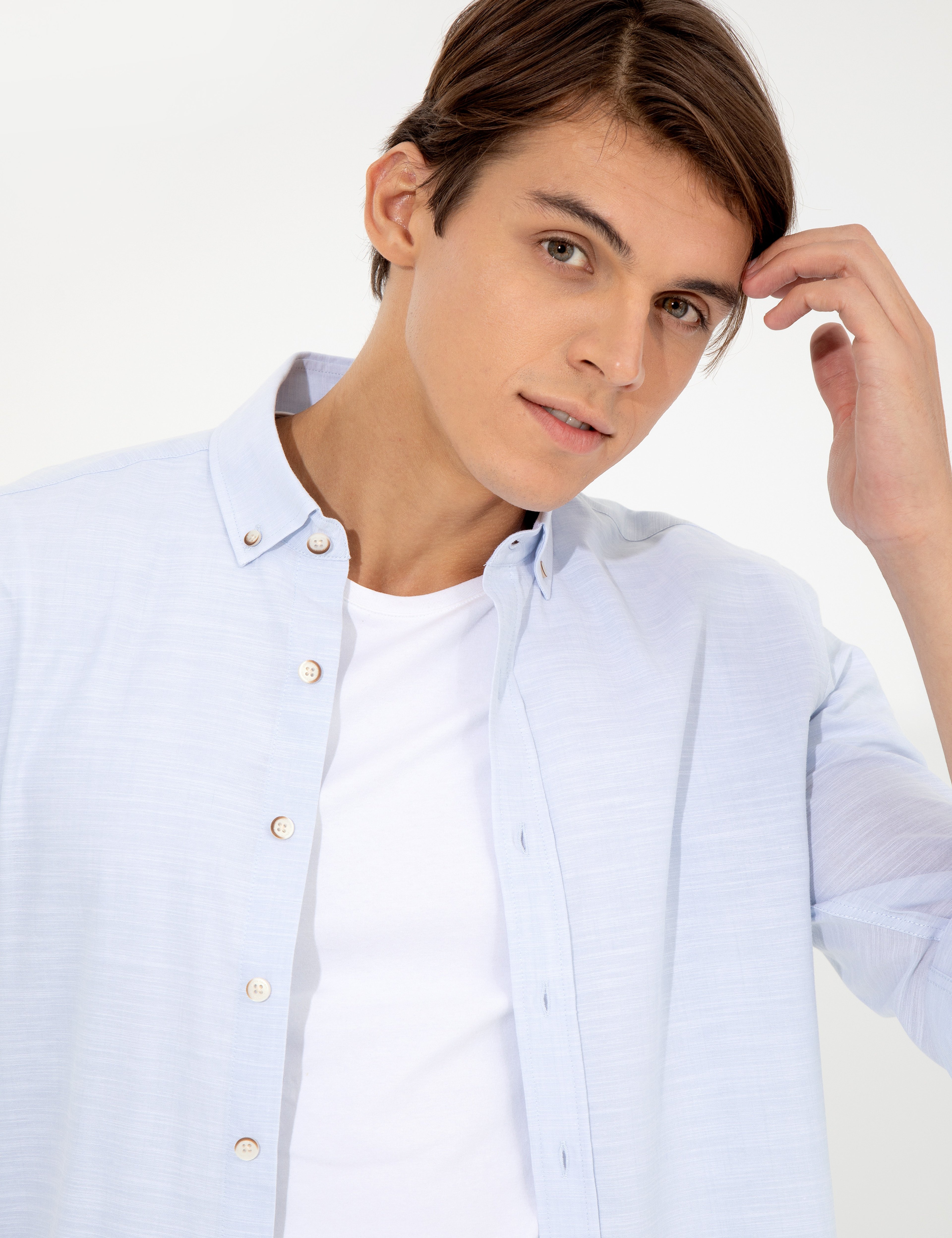 Açık Mavi Slim Fit Keten Görünümlü Gömlek