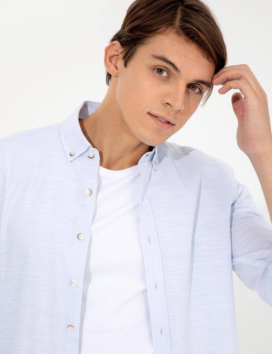 Açık Mavi Slim Fit Keten Görünümlü Gömlek