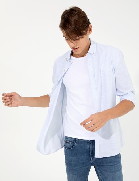 Açık Mavi Slim Fit Keten Görünümlü Gömlek - 50252491001