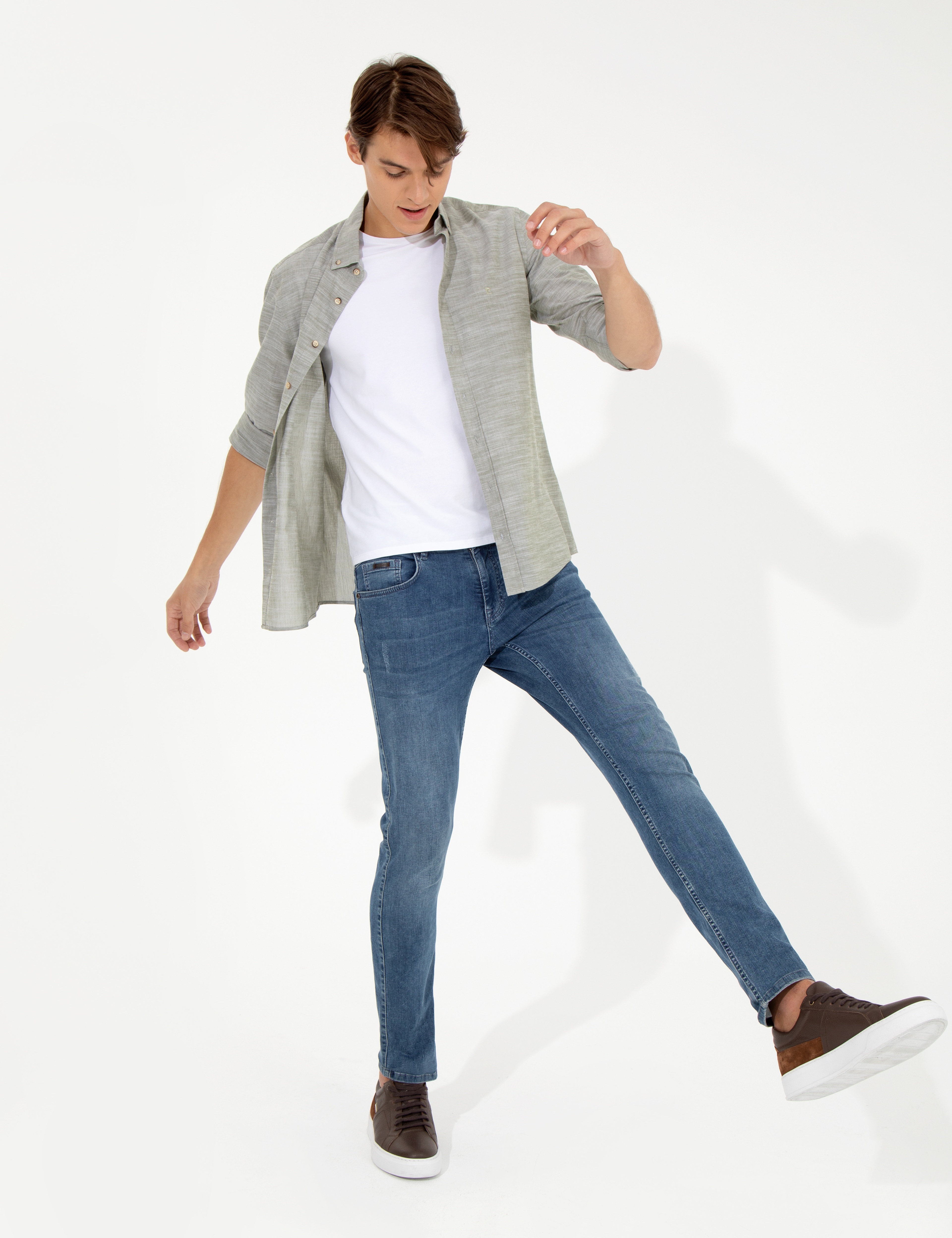 Haki Slim Fit Keten Görünümlü Gömlek