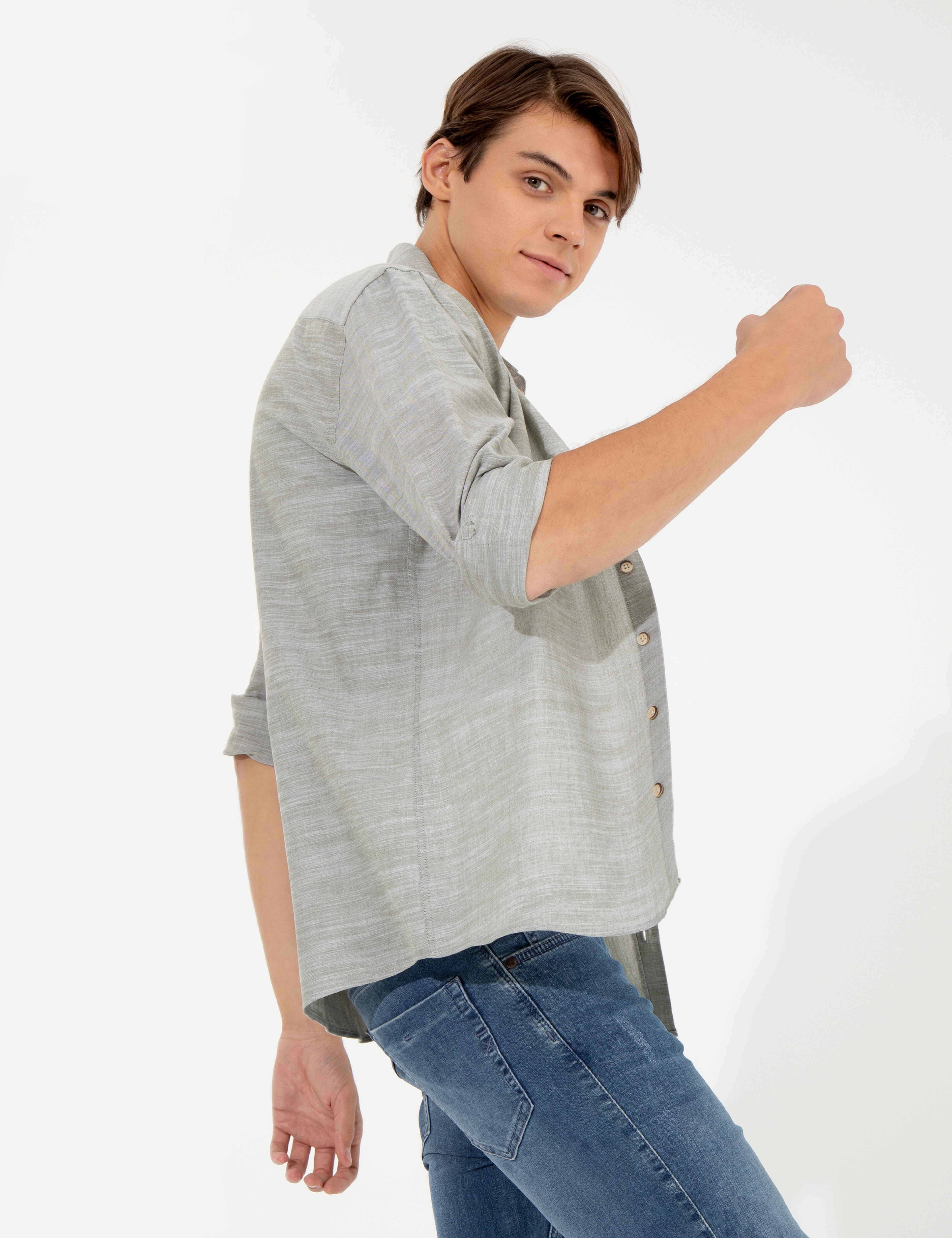 Haki Slim Fit Keten Görünümlü Gömlek - Image 5