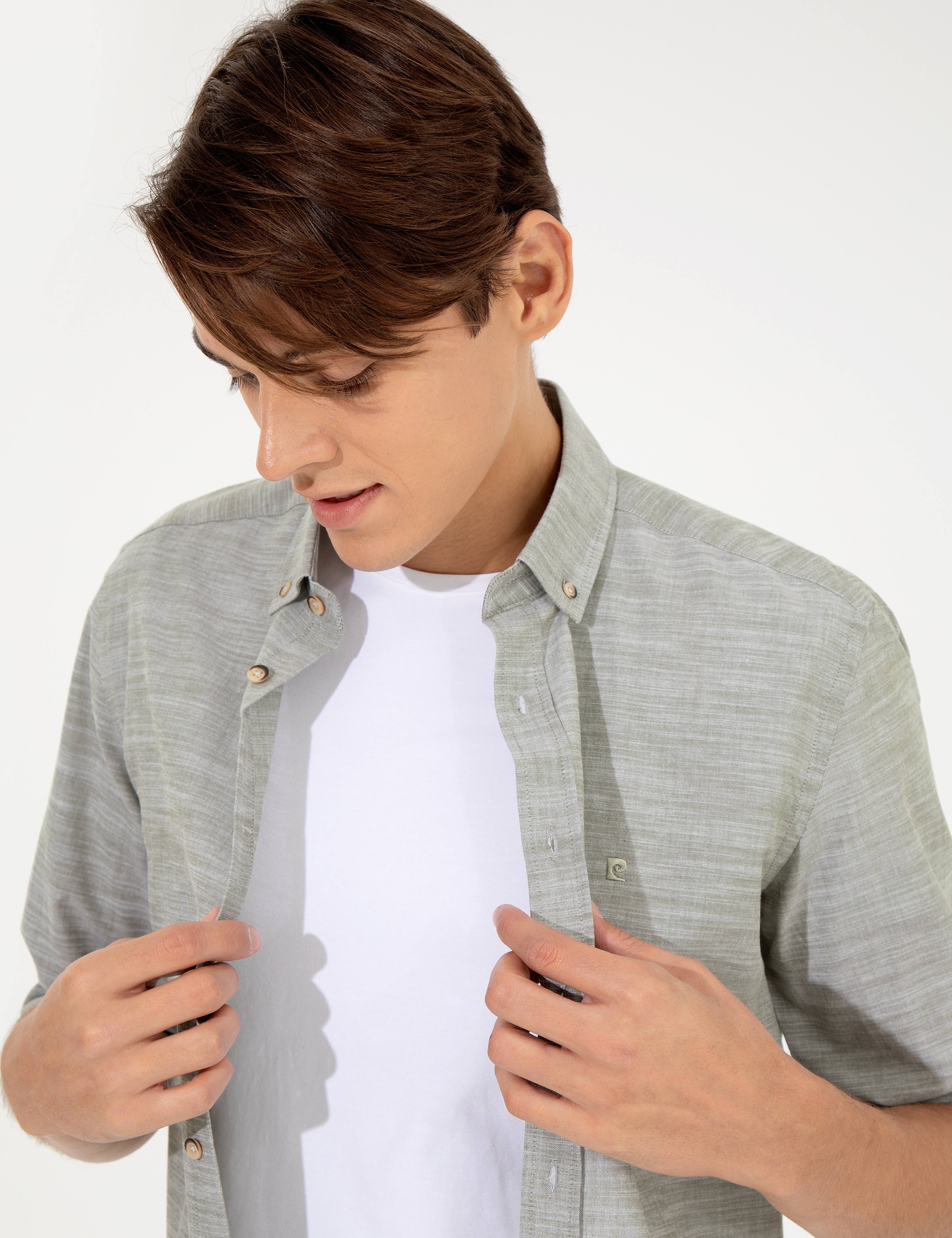 Haki Slim Fit Keten Görünümlü Gömlek - Image 2