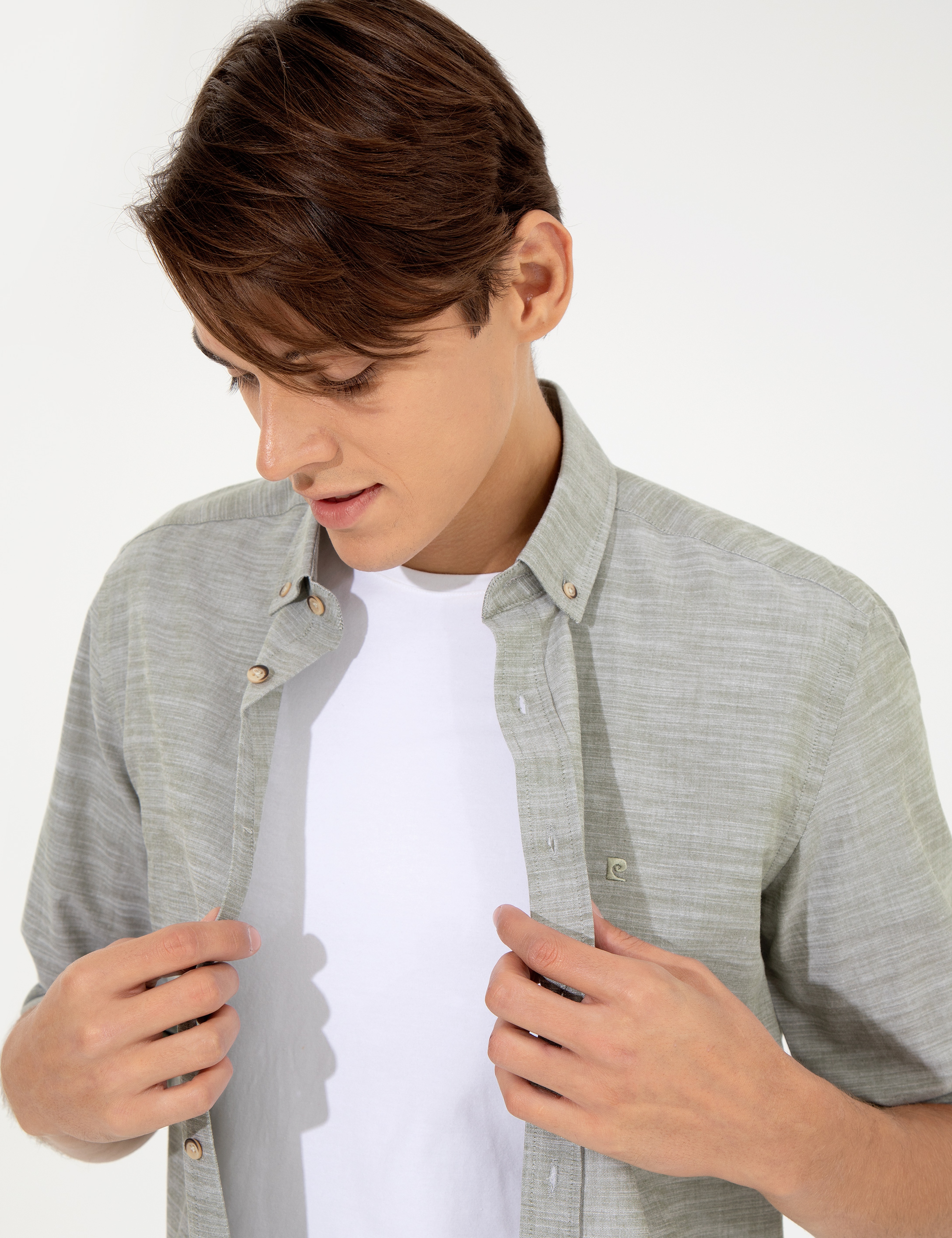 Haki Slim Fit Keten Görünümlü Gömlek
