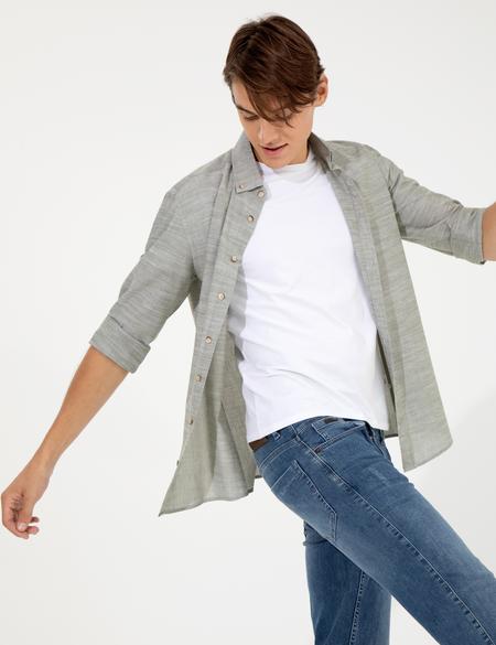 Haki Slim Fit Keten Görünümlü Gömlek - 50252491075