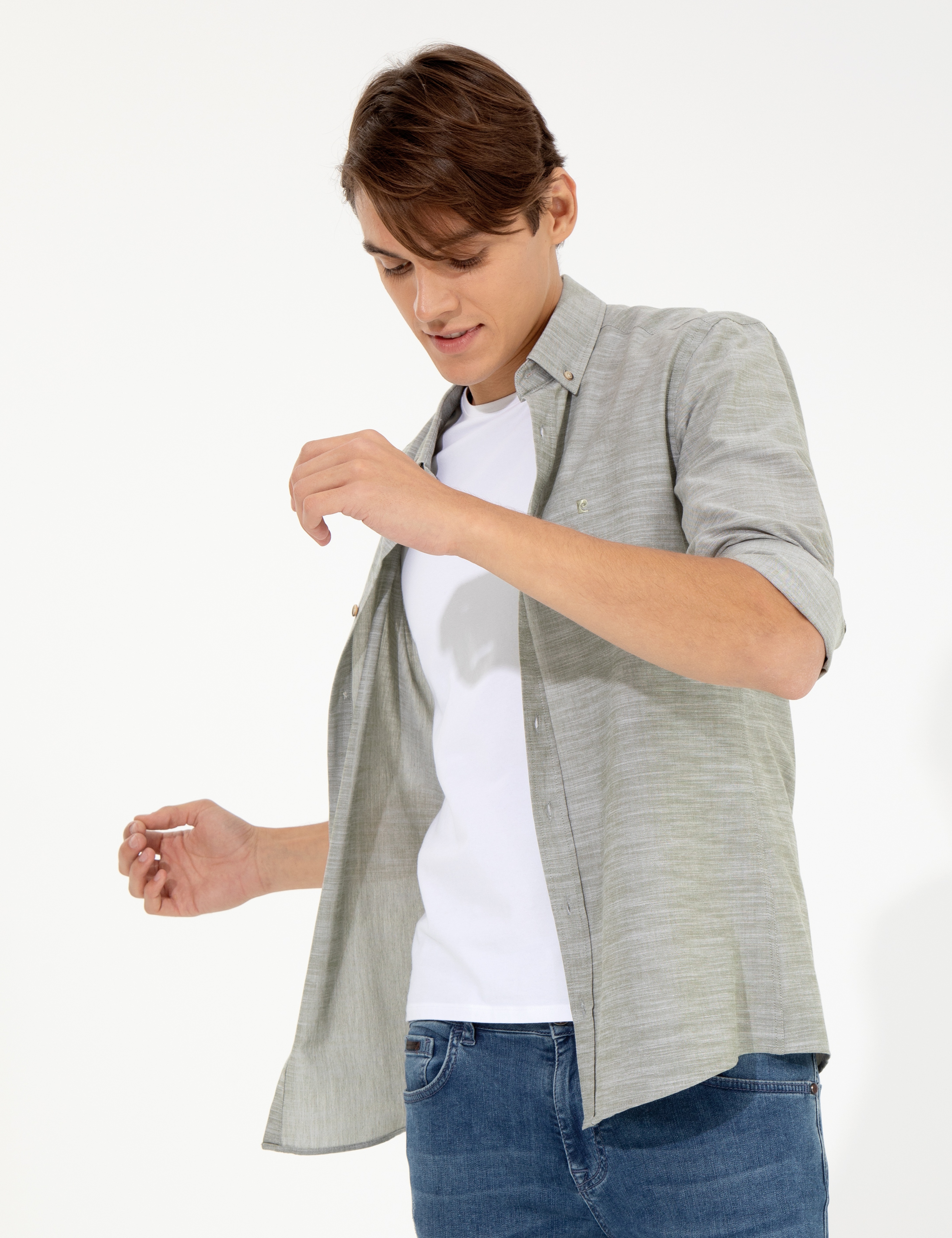 Haki Slim Fit Keten Görünümlü Gömlek