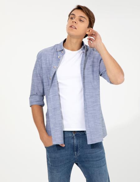 Lacivert Slim Fit Keten Görünümlü Gömlek - 50252491087