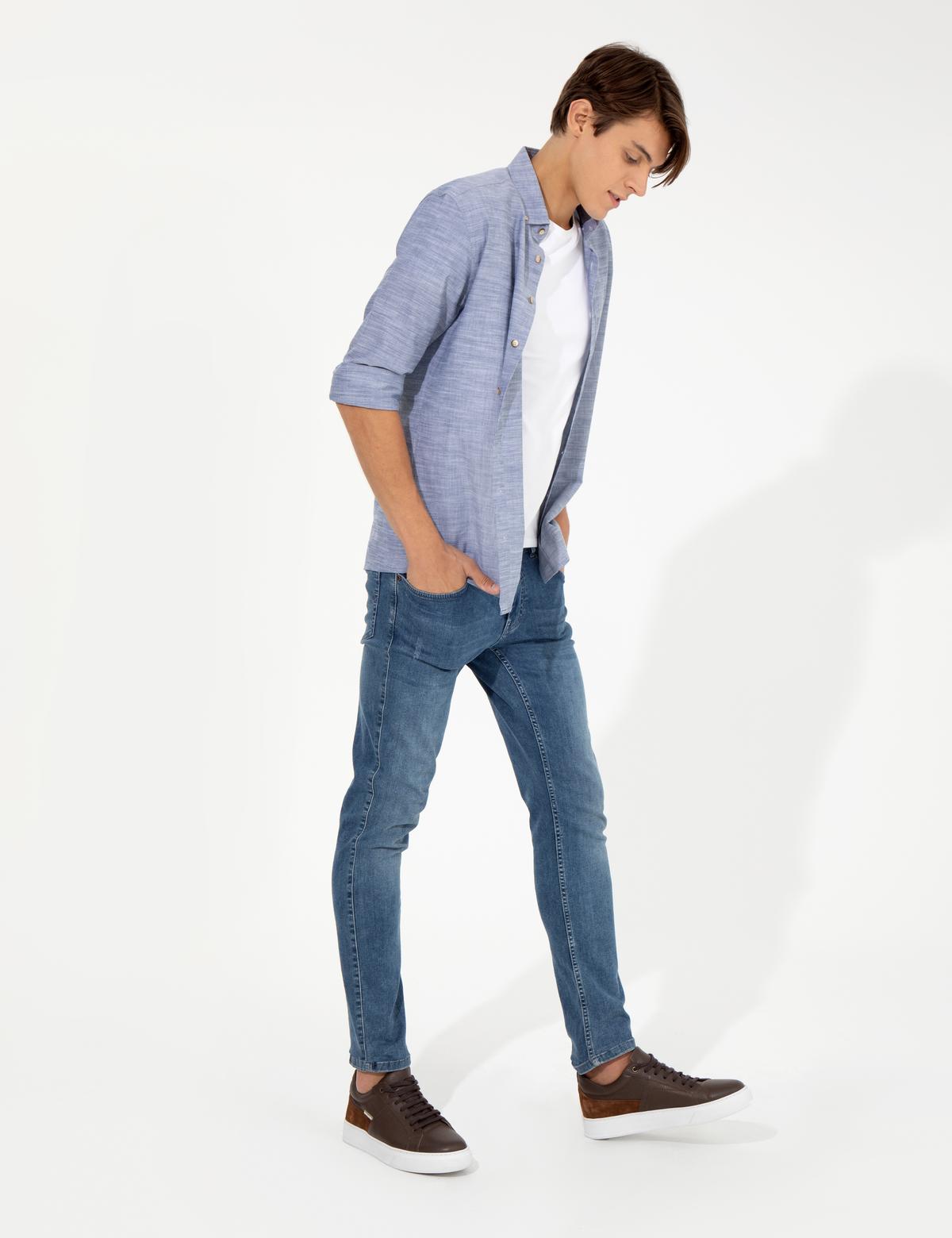 Lacivert Slim Fit Keten Görünümlü Gömlek - 50252491087