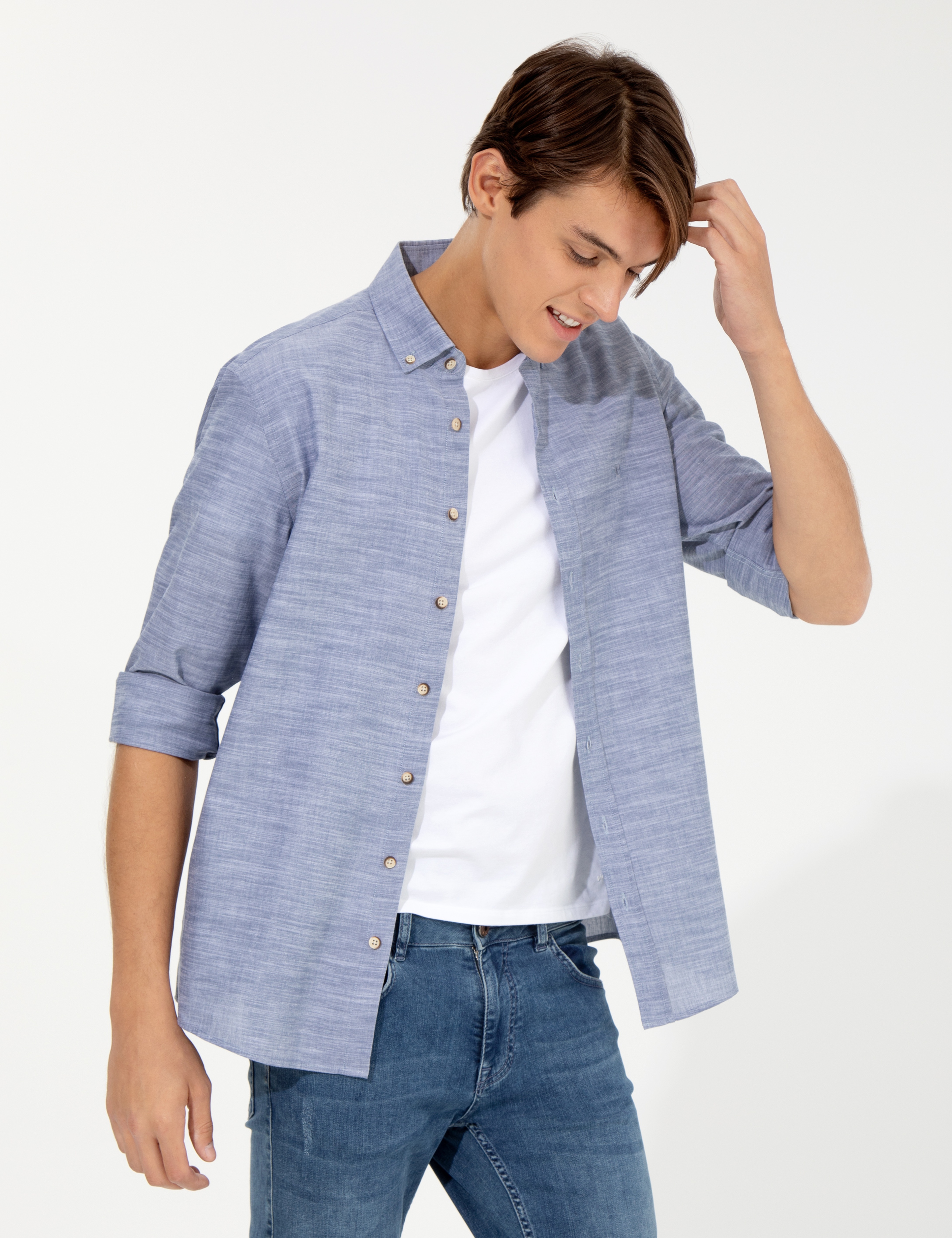 Lacivert Slim Fit Keten Görünümlü Gömlek - Image 1