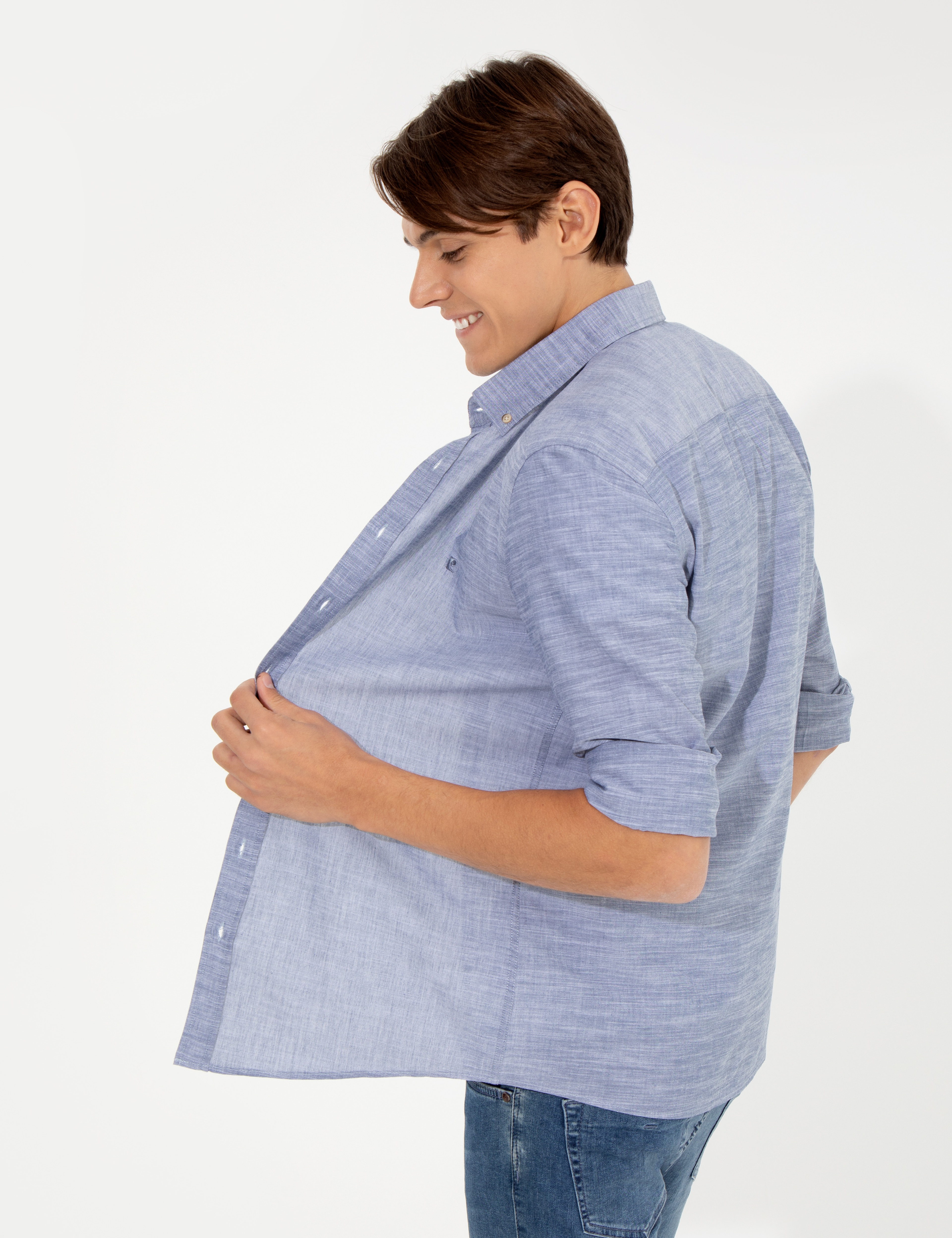 Lacivert Slim Fit Keten Görünümlü Gömlek - Image 5