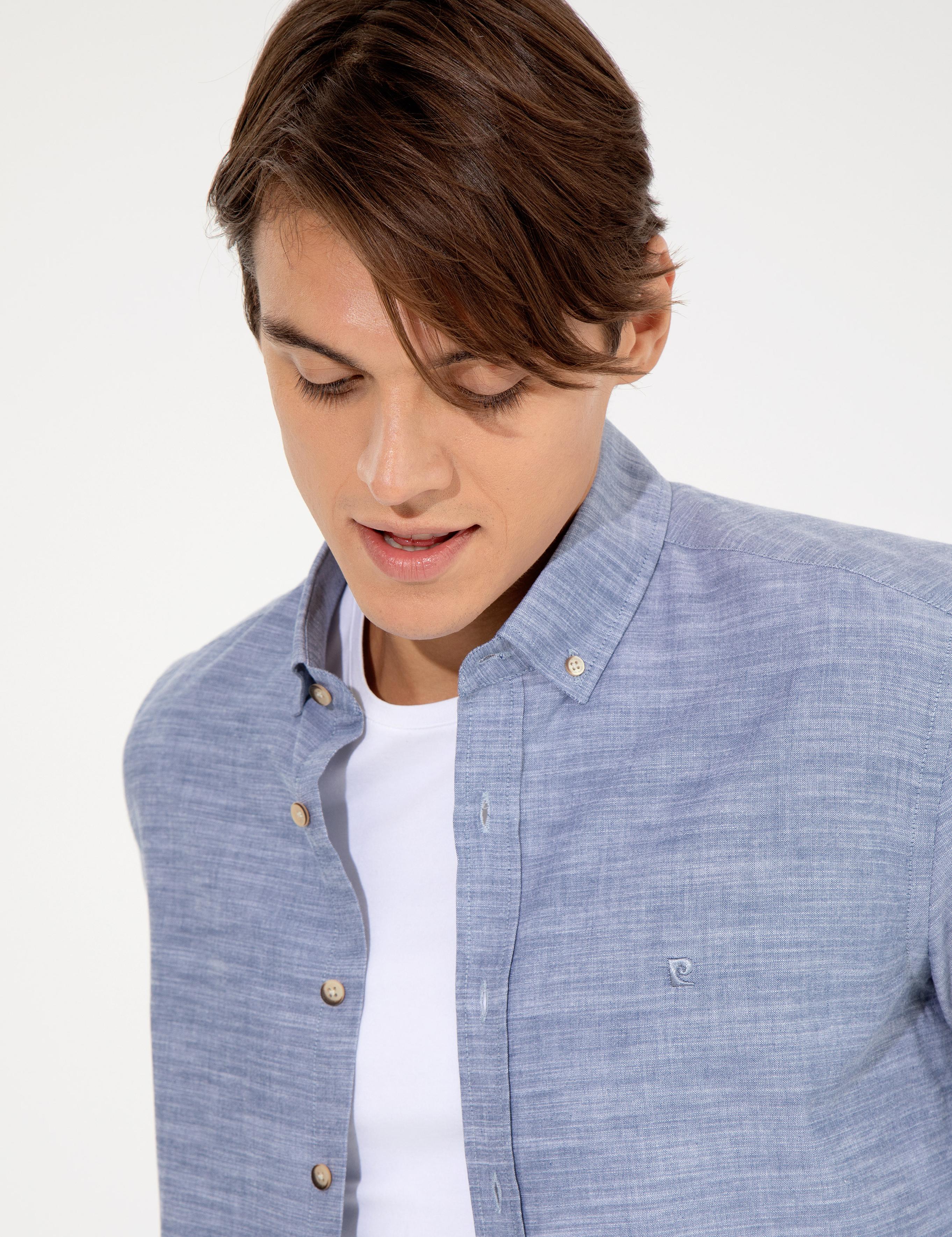 Lacivert Slim Fit Keten Görünümlü Gömlek