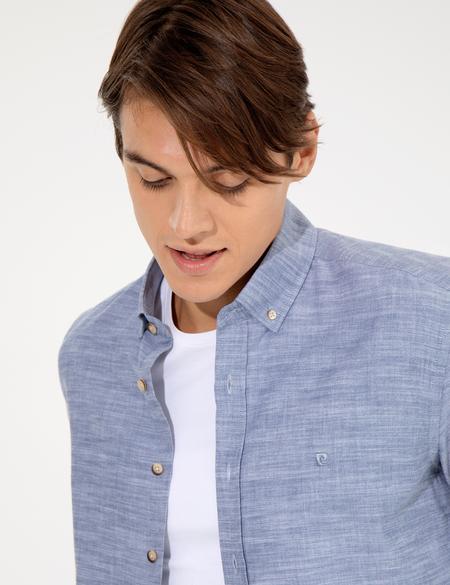 Lacivert Slim Fit Keten Görünümlü Gömlek - 50252491087