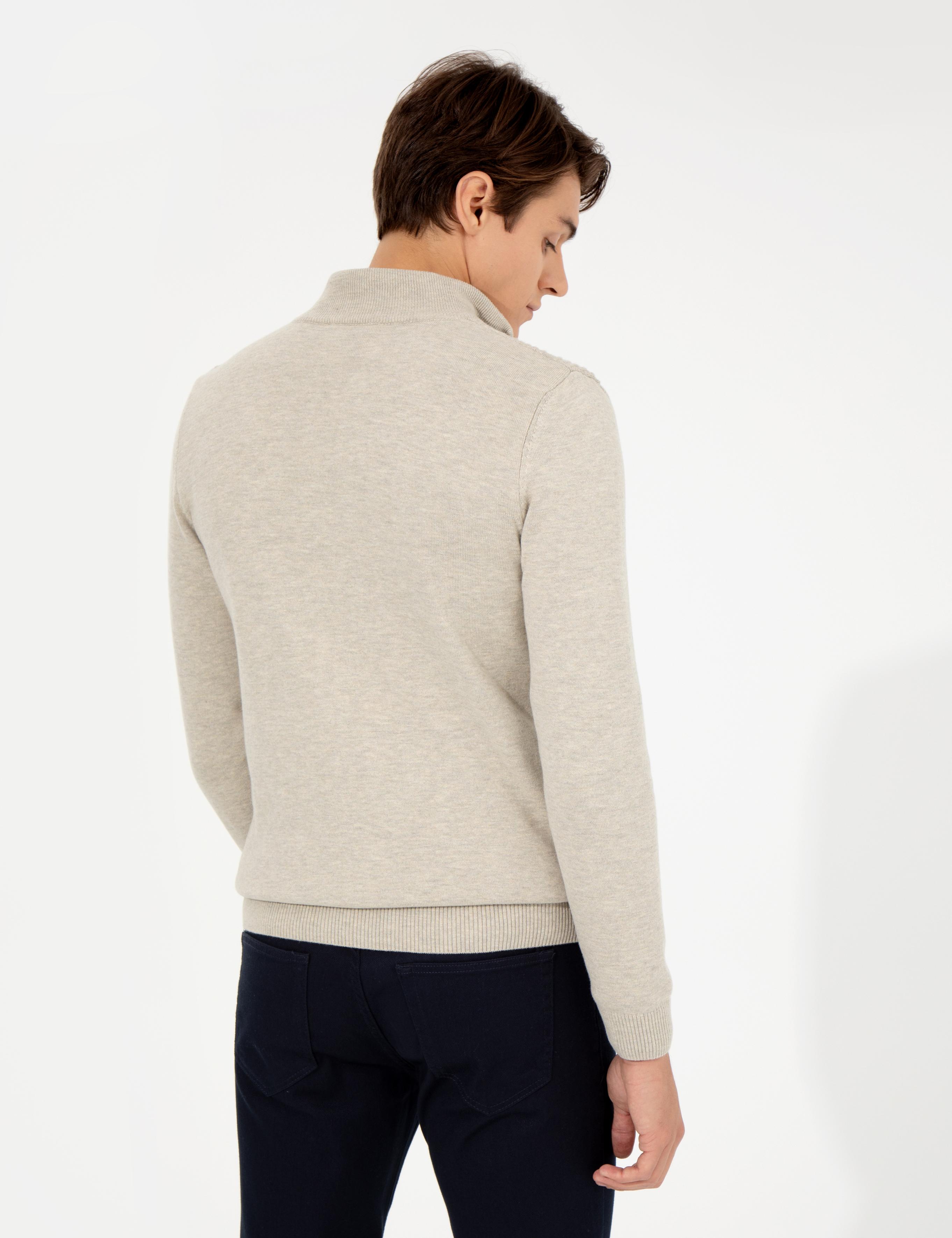 Kum Melanj Slim Fit Fermuarlı Triko Hırka