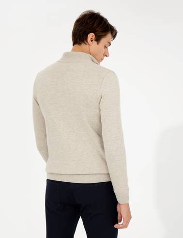 Kum Melanj Slim Fit Fermuarlı Triko Hırka