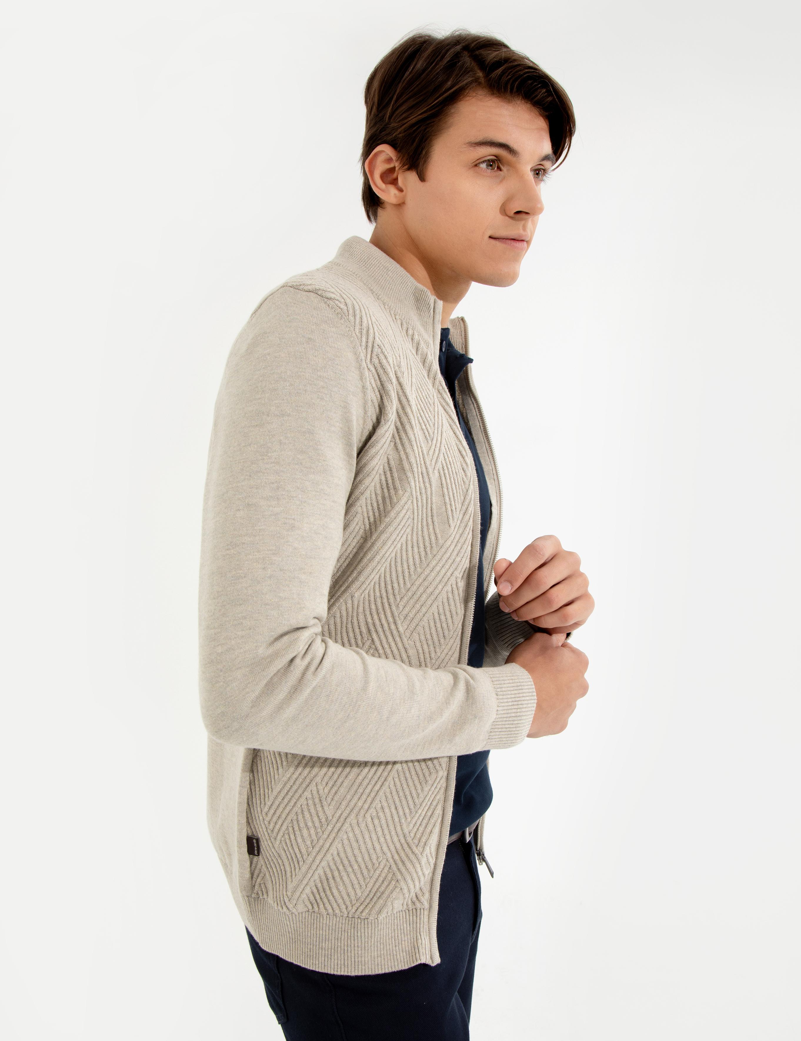 Kum Melanj Slim Fit Fermuarlı Triko Hırka