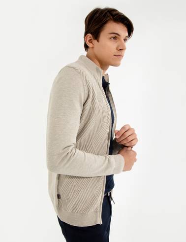 Kum Melanj Slim Fit Fermuarlı Triko Hırka