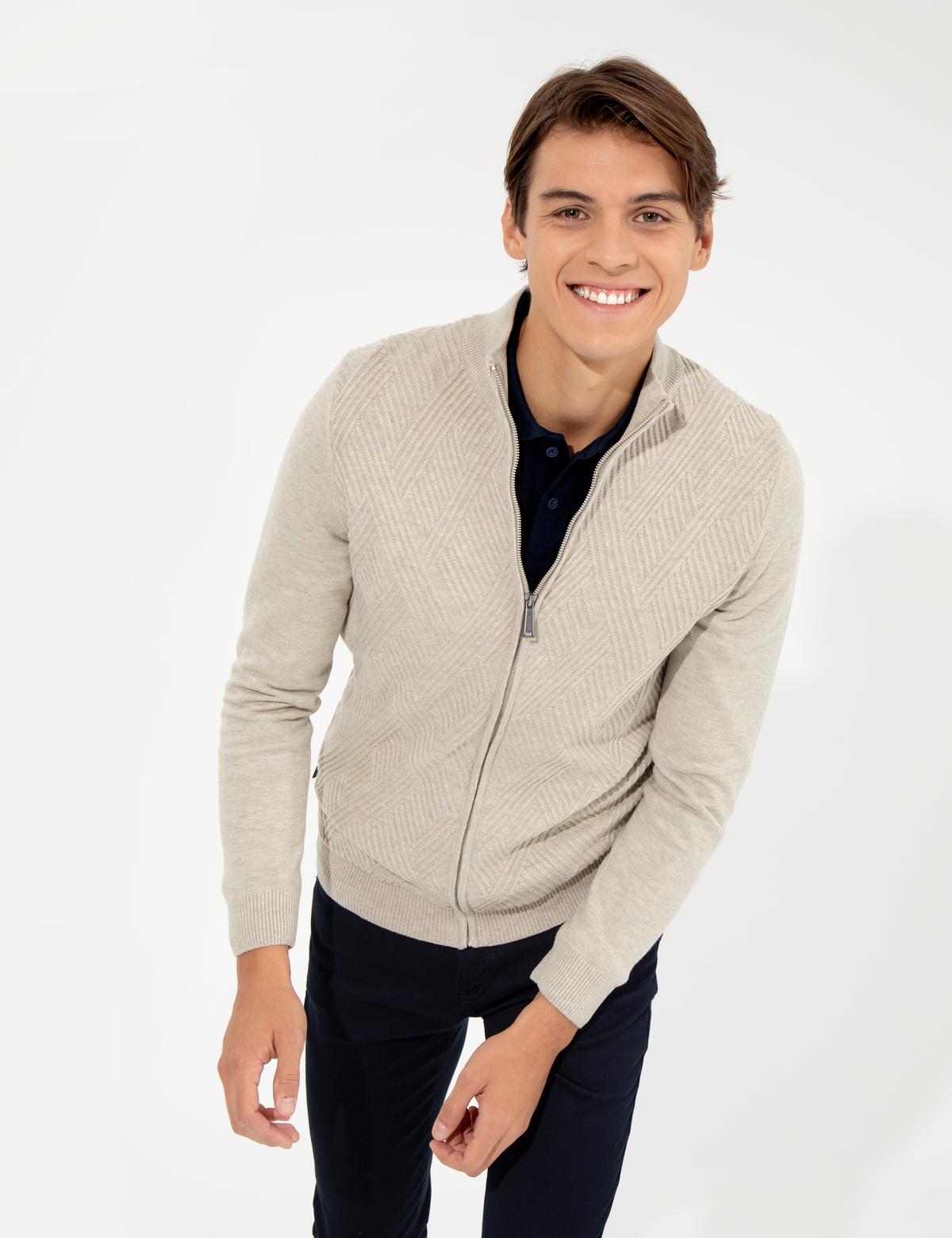 Kum Melanj Slim Fit Fermuarlı Triko Hırka