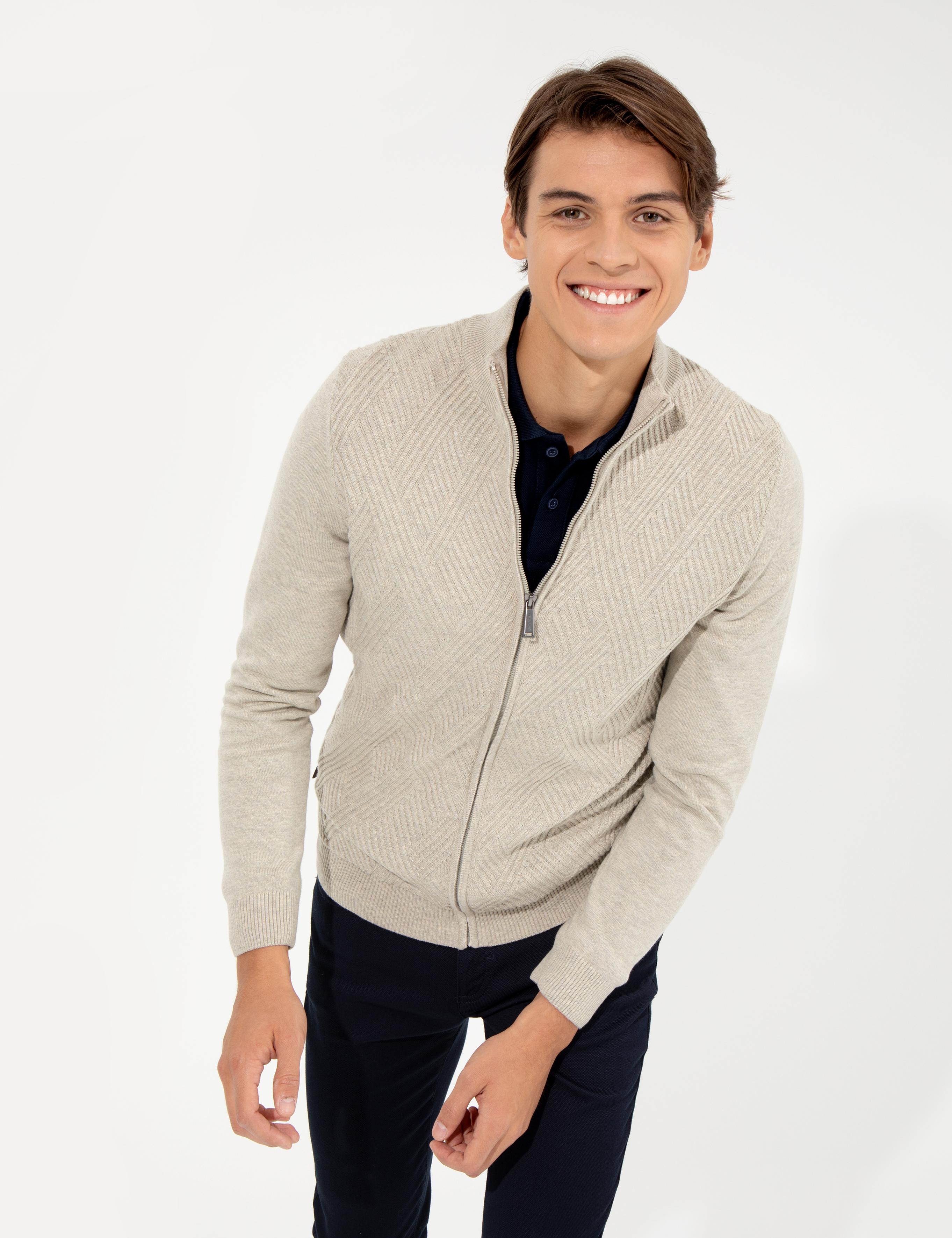 Kum Melanj Slim Fit Fermuarlı Triko Hırka