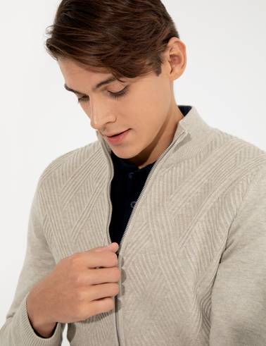 Kum Melanj Slim Fit Fermuarlı Triko Hırka