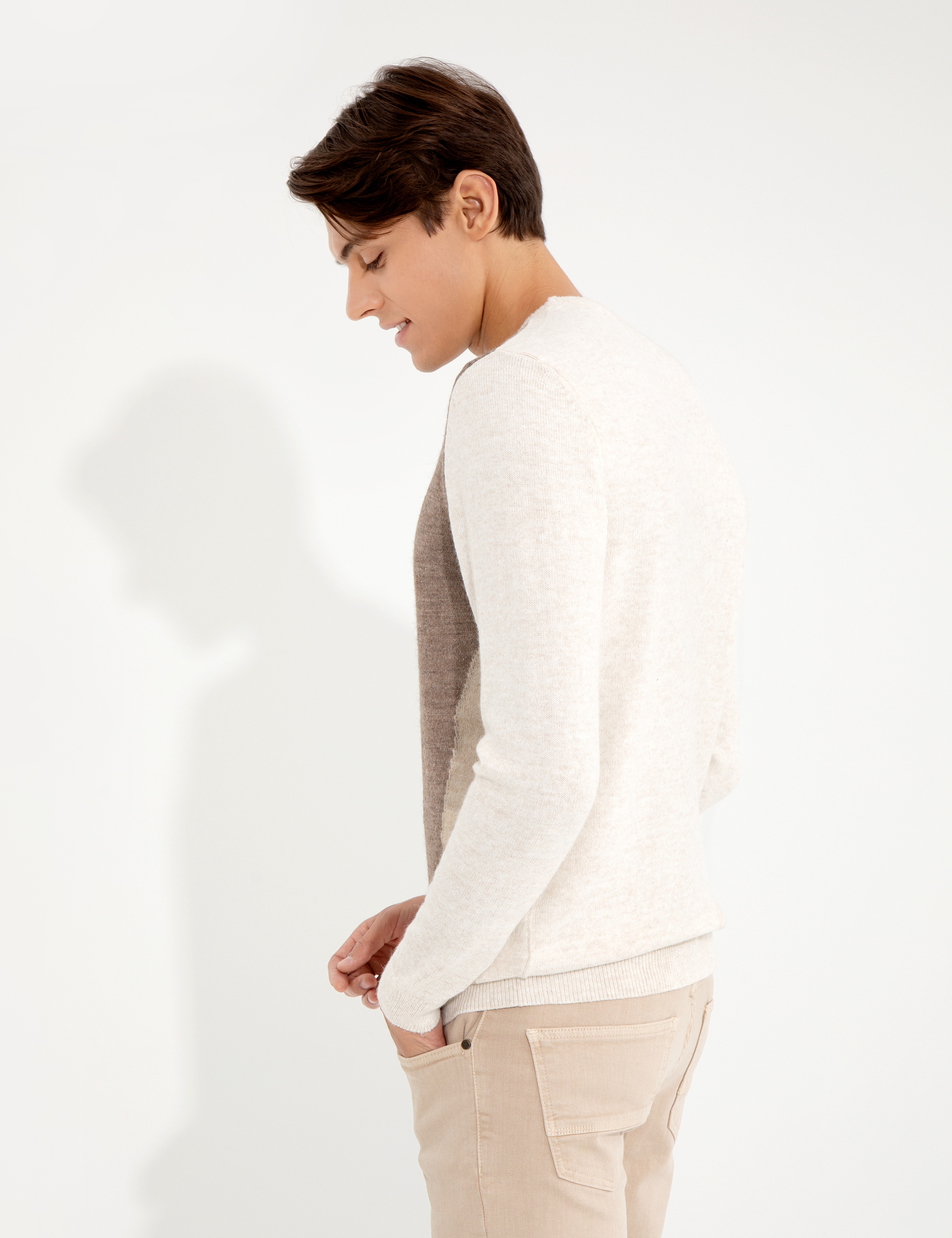 Bej Melanj Slim Fit Bisiklet Yaka Triko Kazak