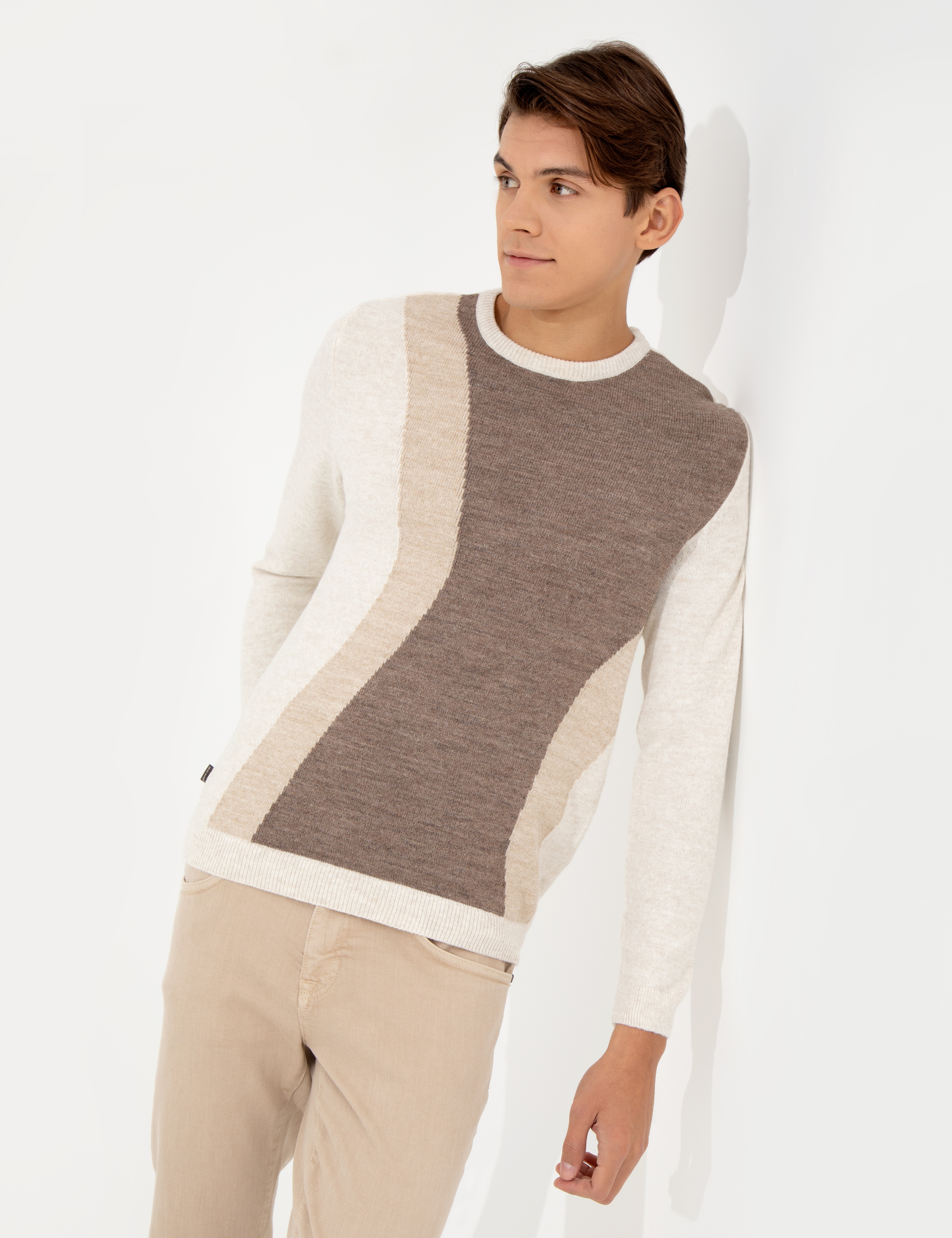 Bej Melanj Slim Fit Bisiklet Yaka Triko Kazak