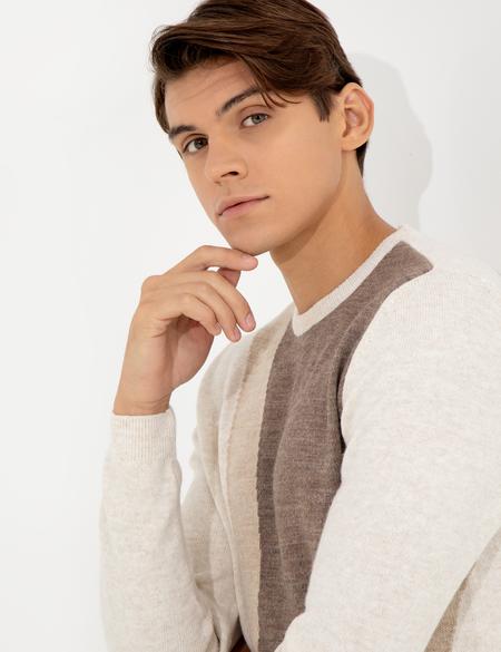 Bej Melanj Slim Fit Bisiklet Yaka Triko Kazak - 50259800019