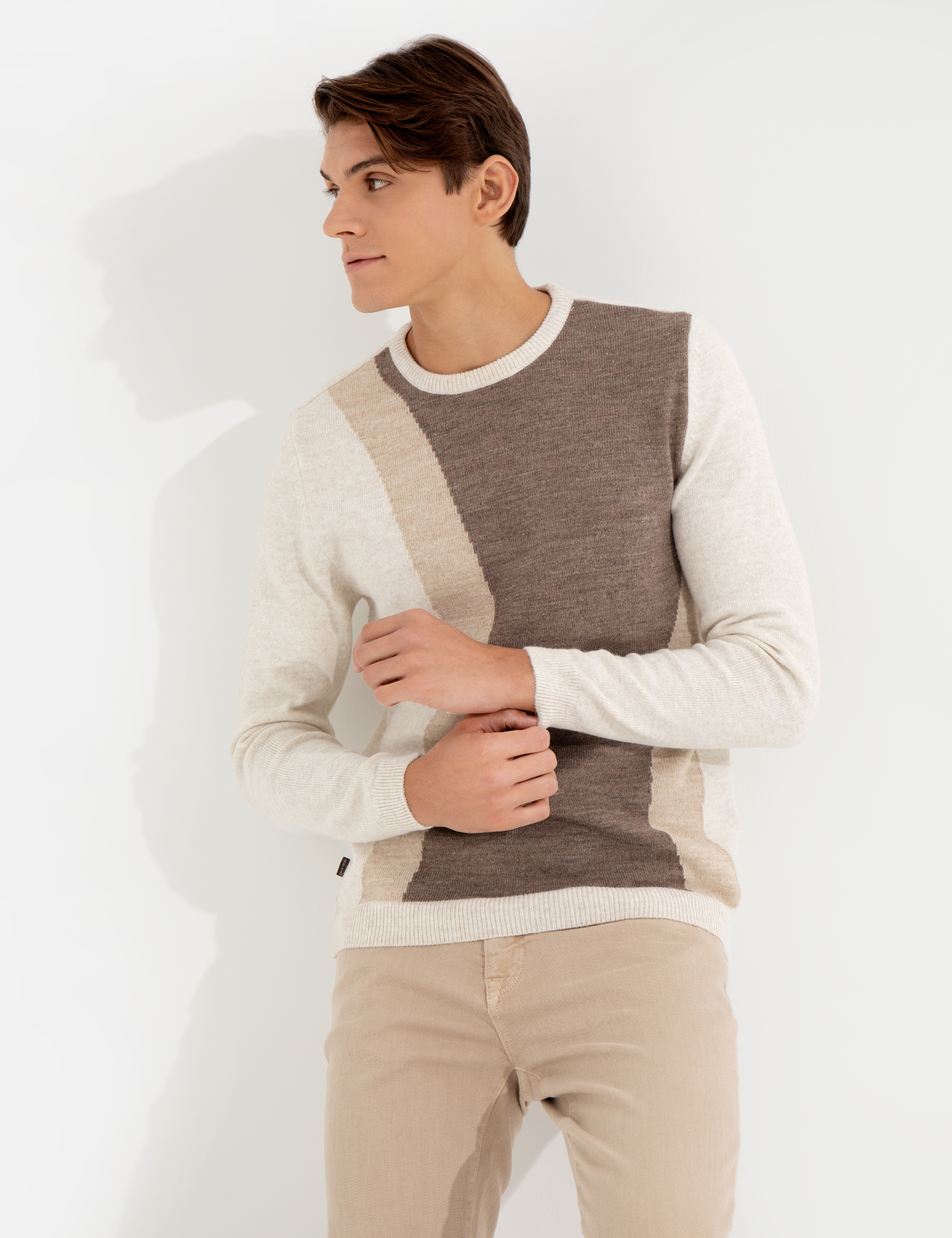 Bej Melanj Slim Fit Bisiklet Yaka Triko Kazak
