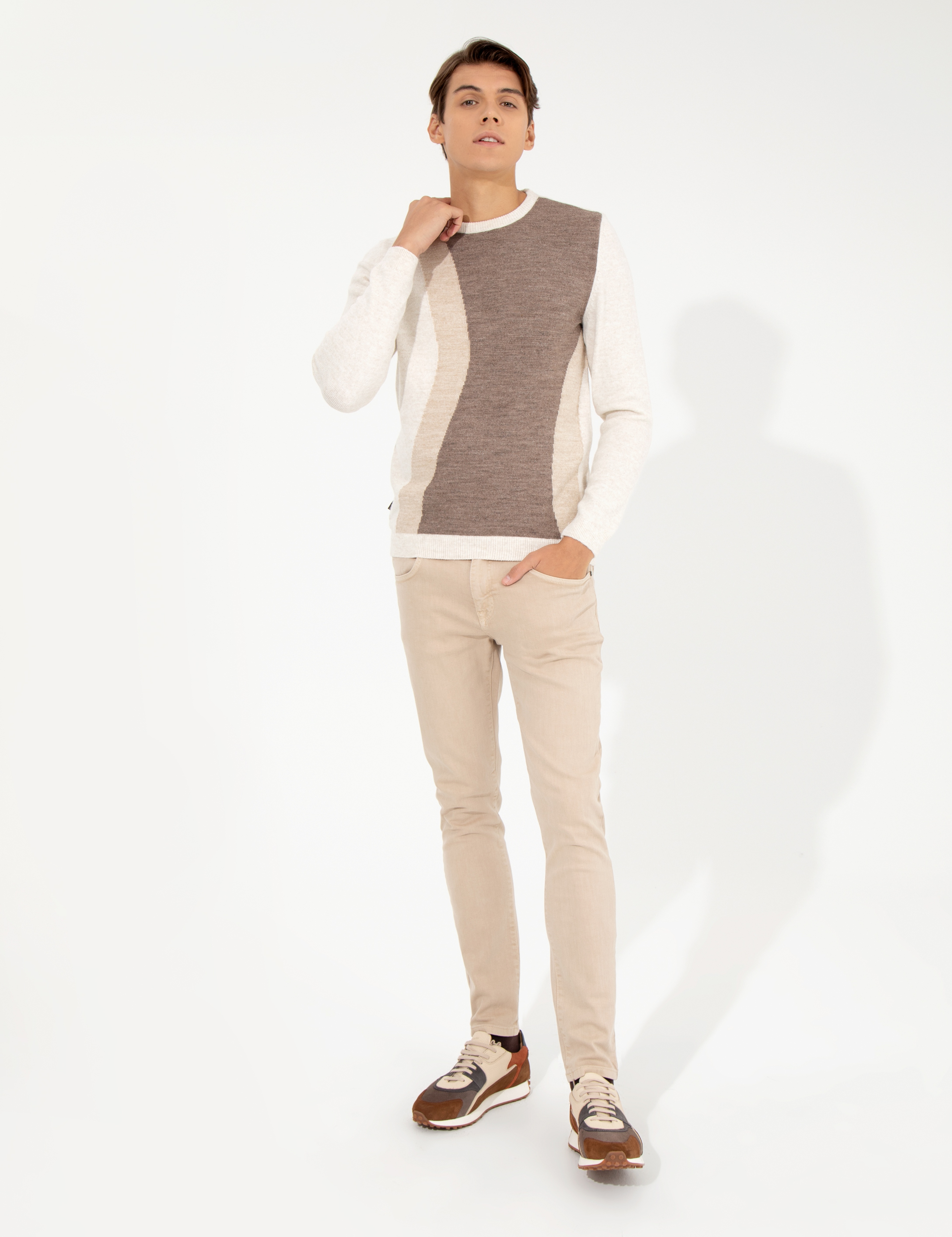 Bej Melanj Slim Fit Bisiklet Yaka Triko Kazak - Image 4