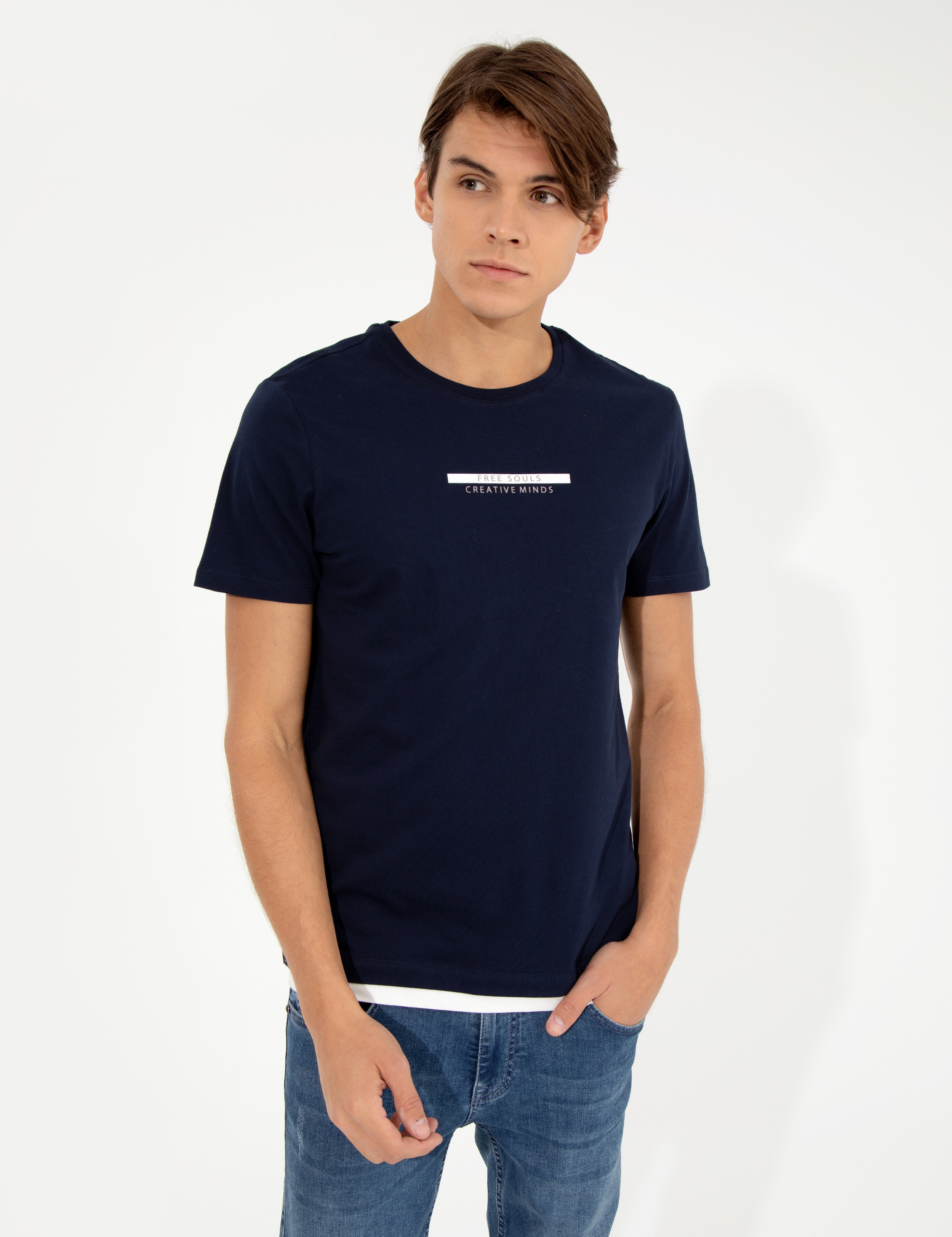 Lacivert Slim Fit Bisiklet Yaka Tişört - Image 2