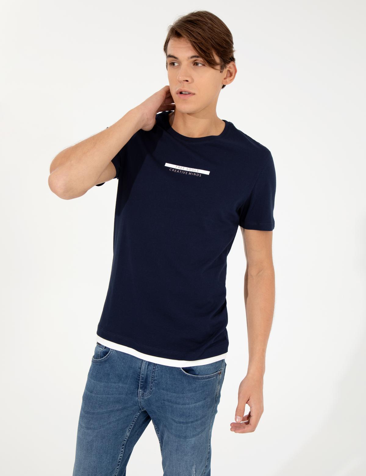 Lacivert Slim Fit Bisiklet Yaka Tişört - 50258441005