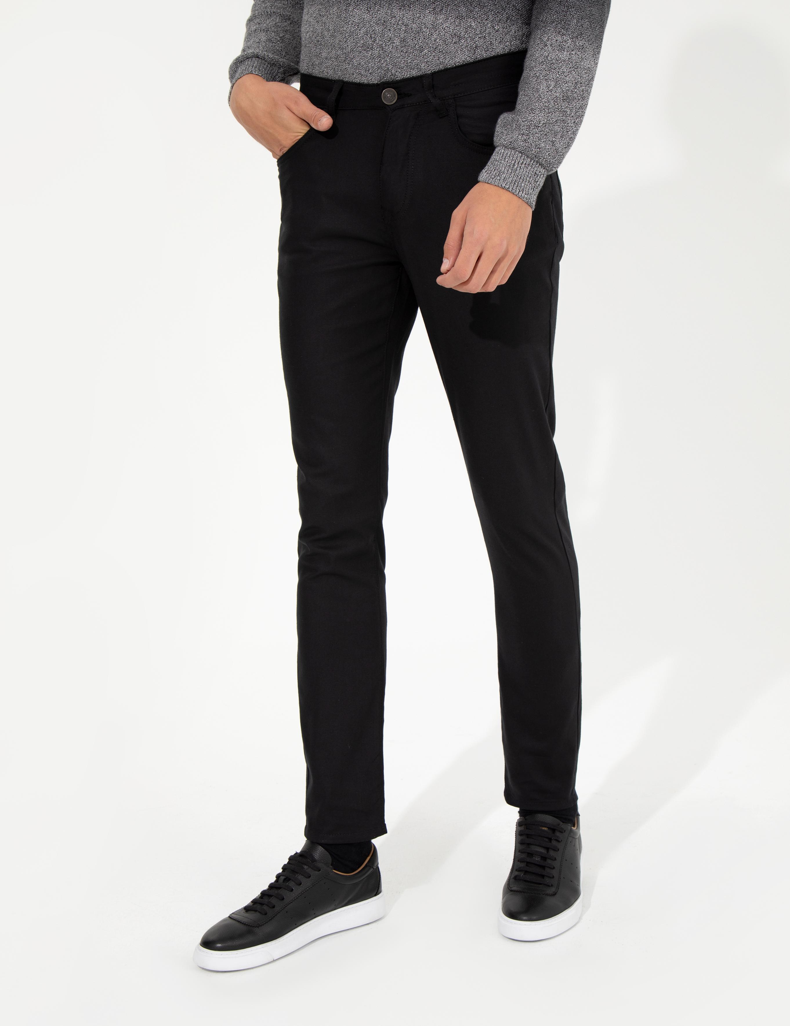Siyah Slim Fit Keten Karışımlı  5 Cep Chino Pantolon