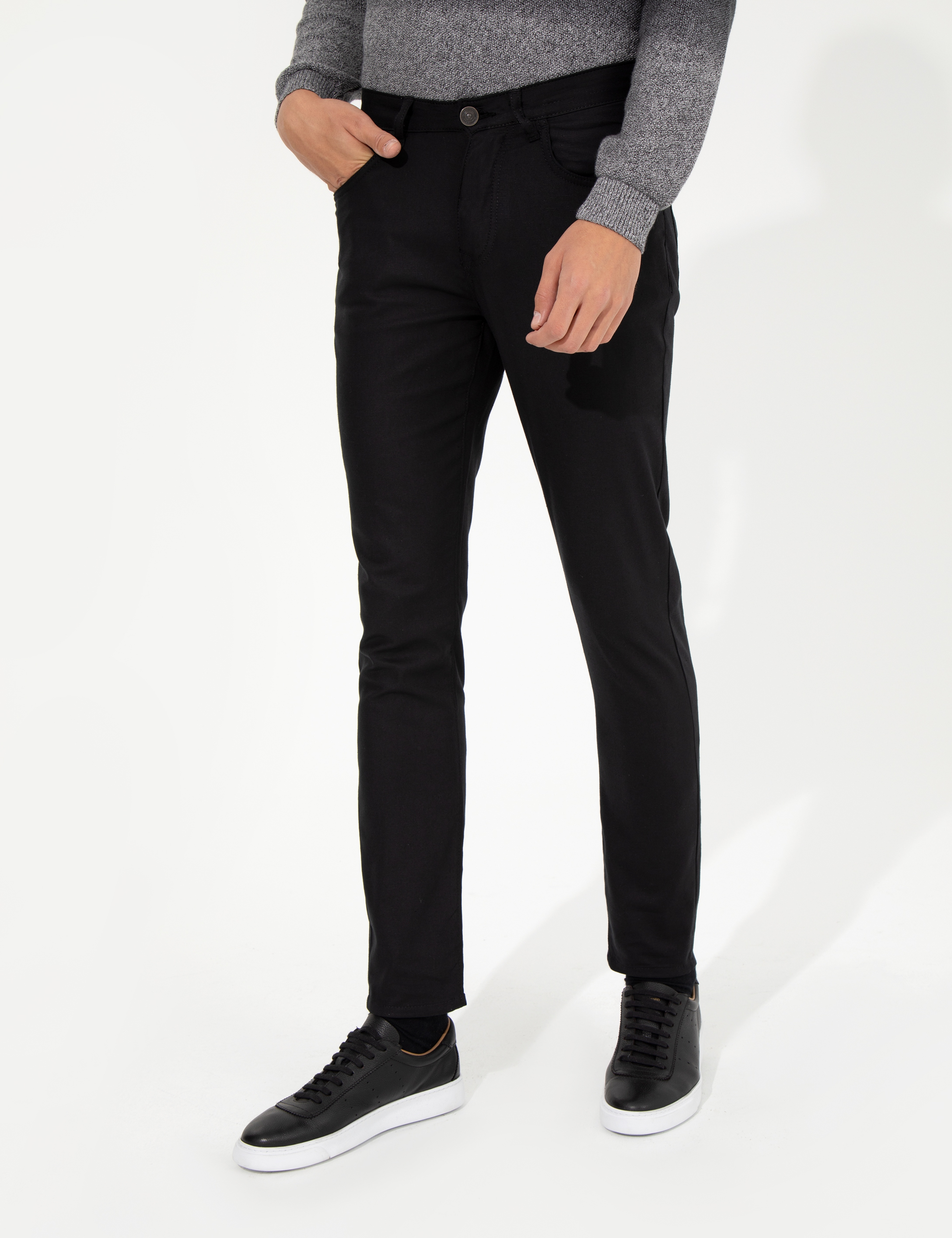 Siyah Slim Fit Keten Karışımlı 5 Cep Chino Pantolon - Image 2