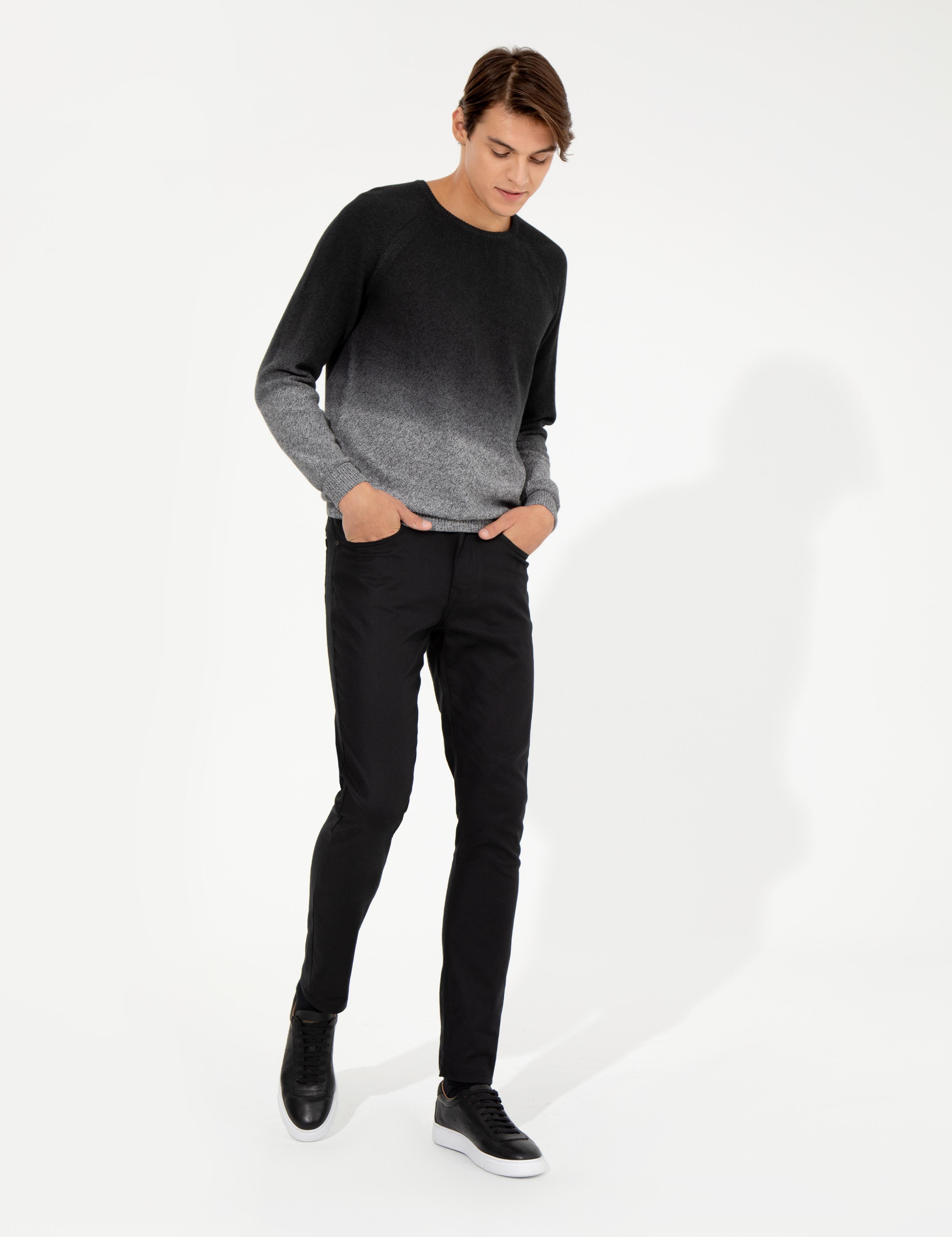 Siyah Slim Fit Keten Karışımlı  5 Cep Chino Pantolon