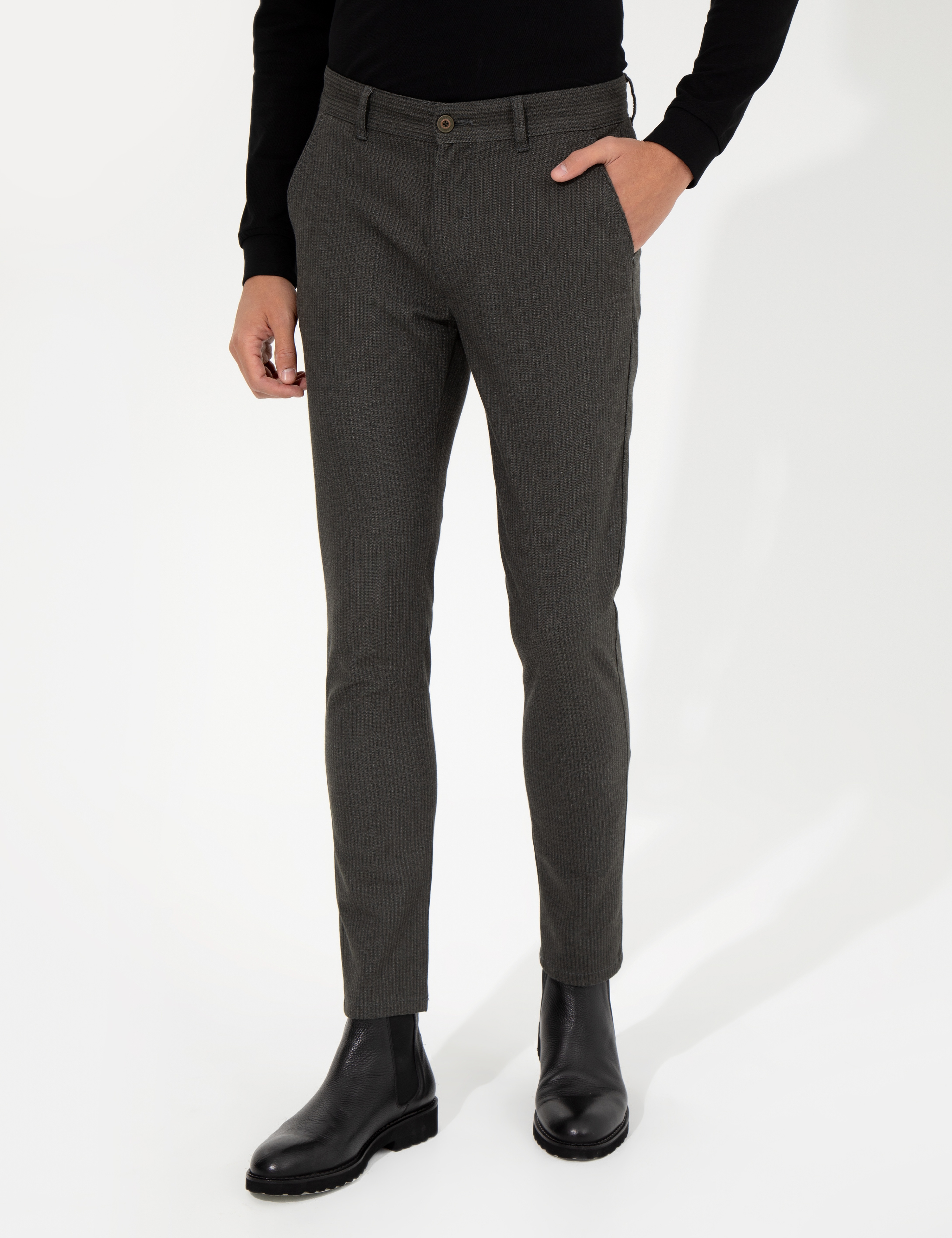 Haki Slim Fit Keten Karışımlı Chino Pantolon - Image 2