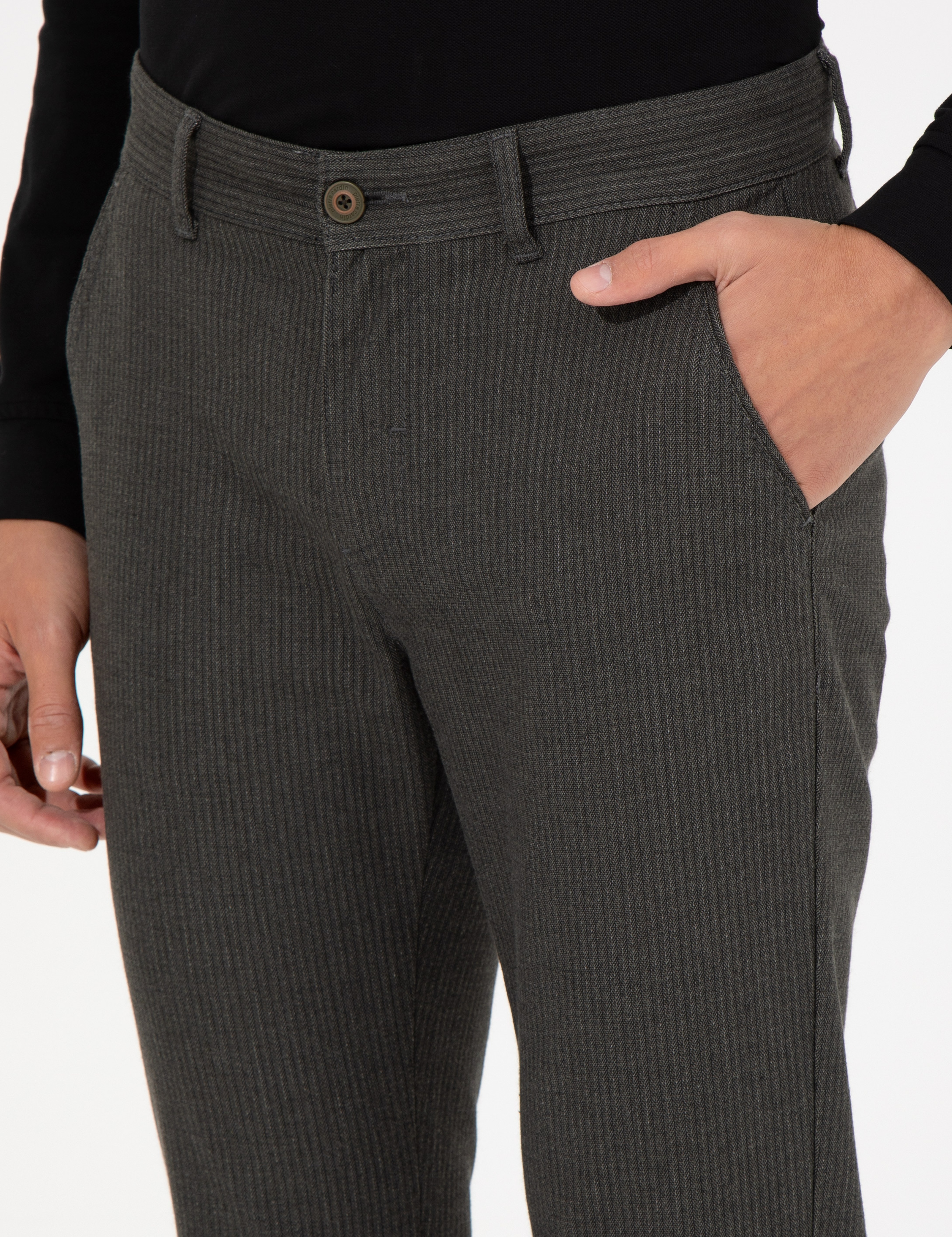Haki Slim Fit Keten Karışımlı Chino Pantolon - Image 6