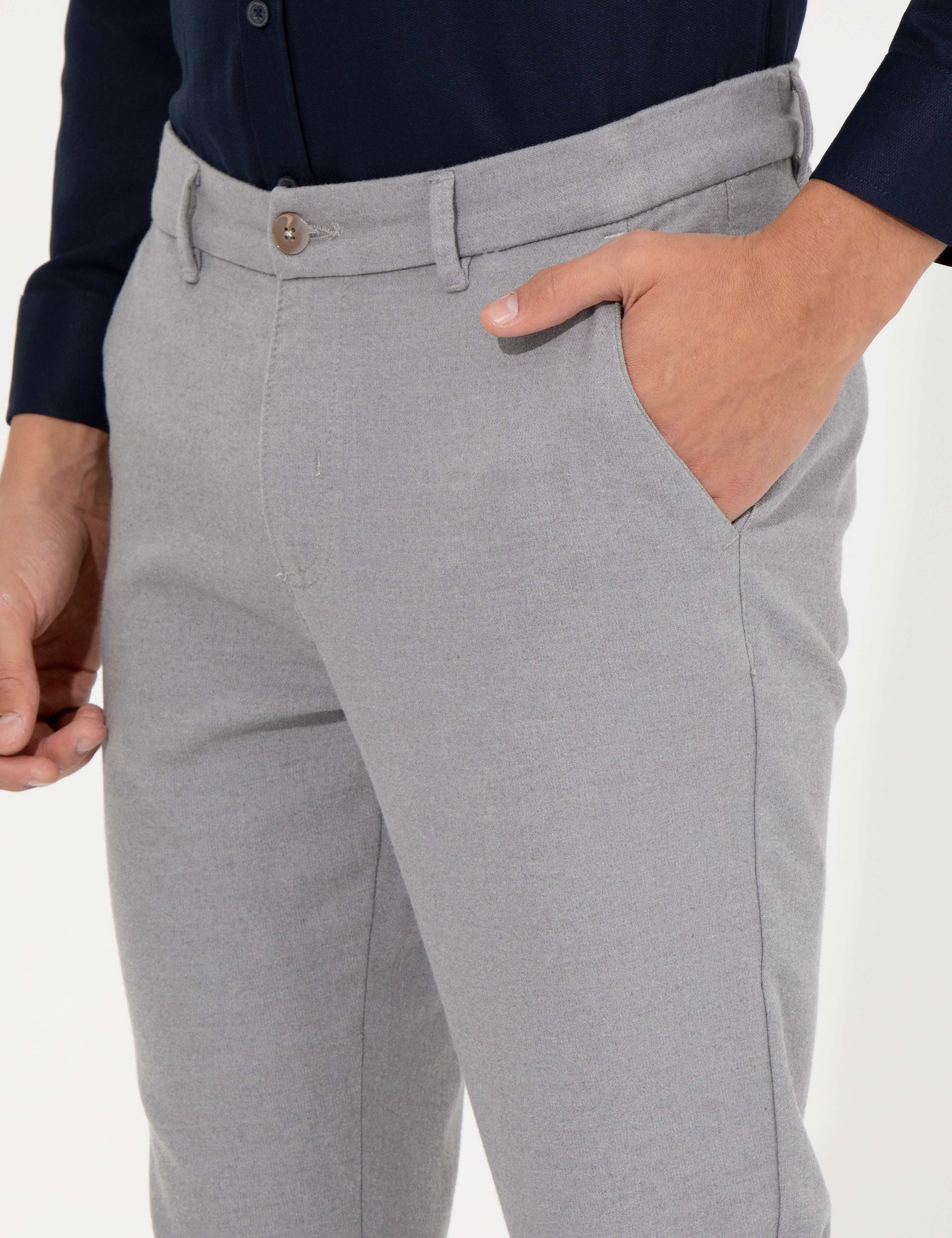 Açık Gri Slim Fit Kanvas Pantolon - Image 6