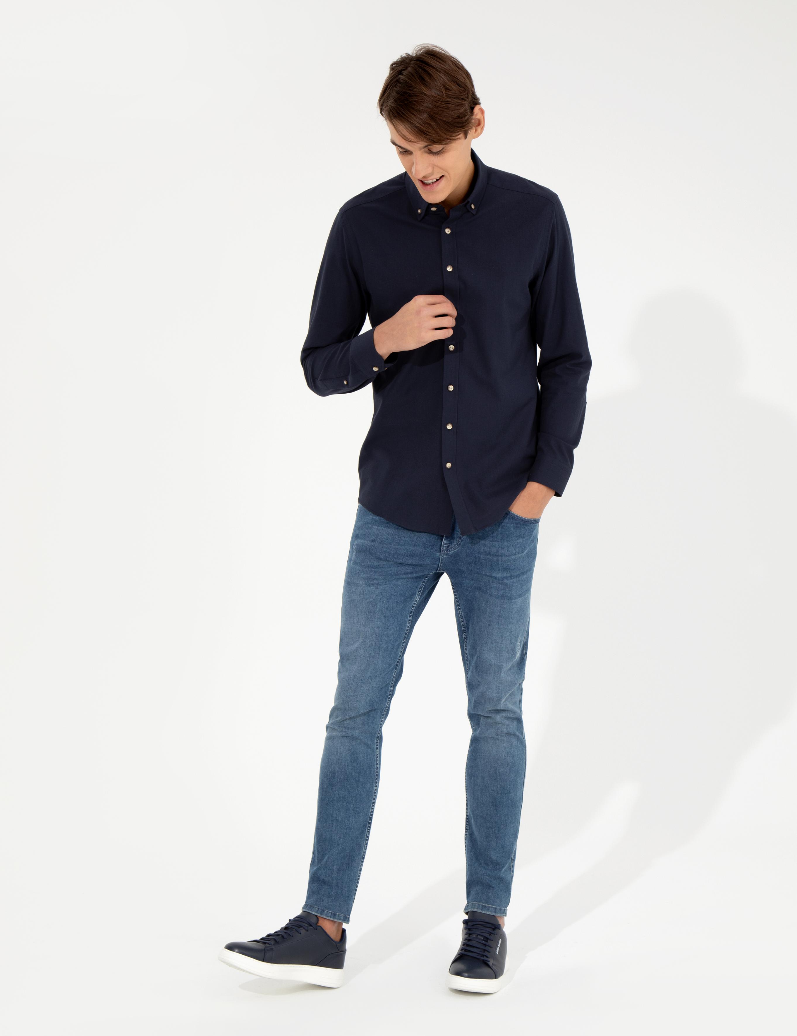 Lacivert Slim Fit Uzun Kollu Gömlek