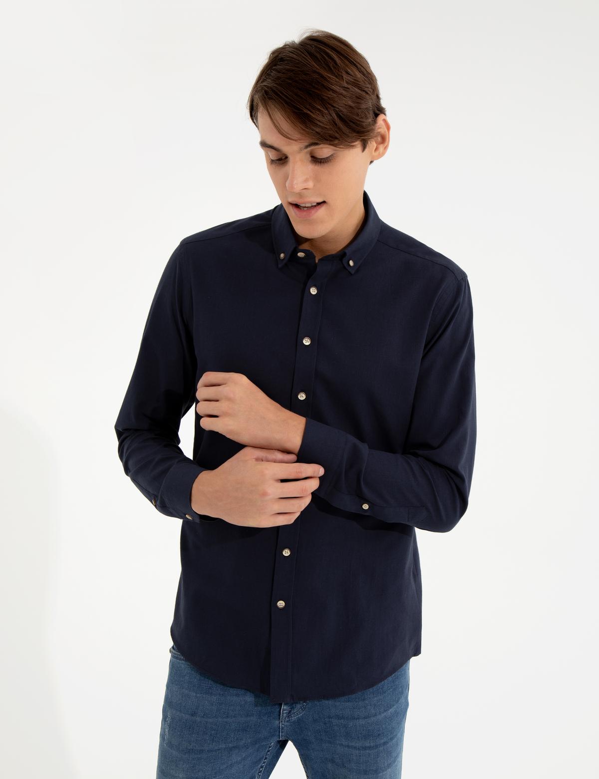 Lacivert Slim Fit Uzun Kollu Gömlek